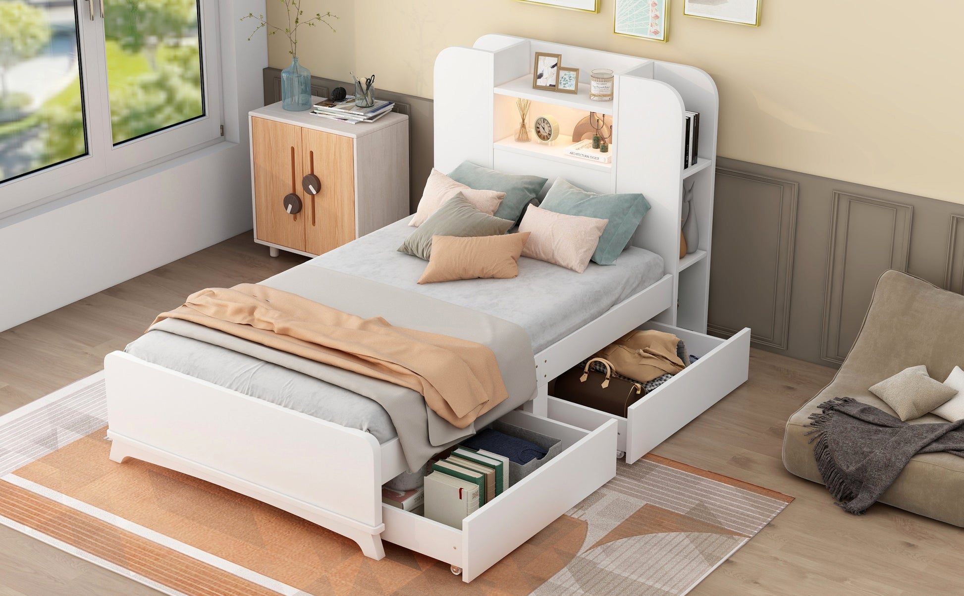 Twin Size Storage Platform Bed Frame With With Two Drawers And Light Strip Design In Headboard,White White Solid Wood Mdf