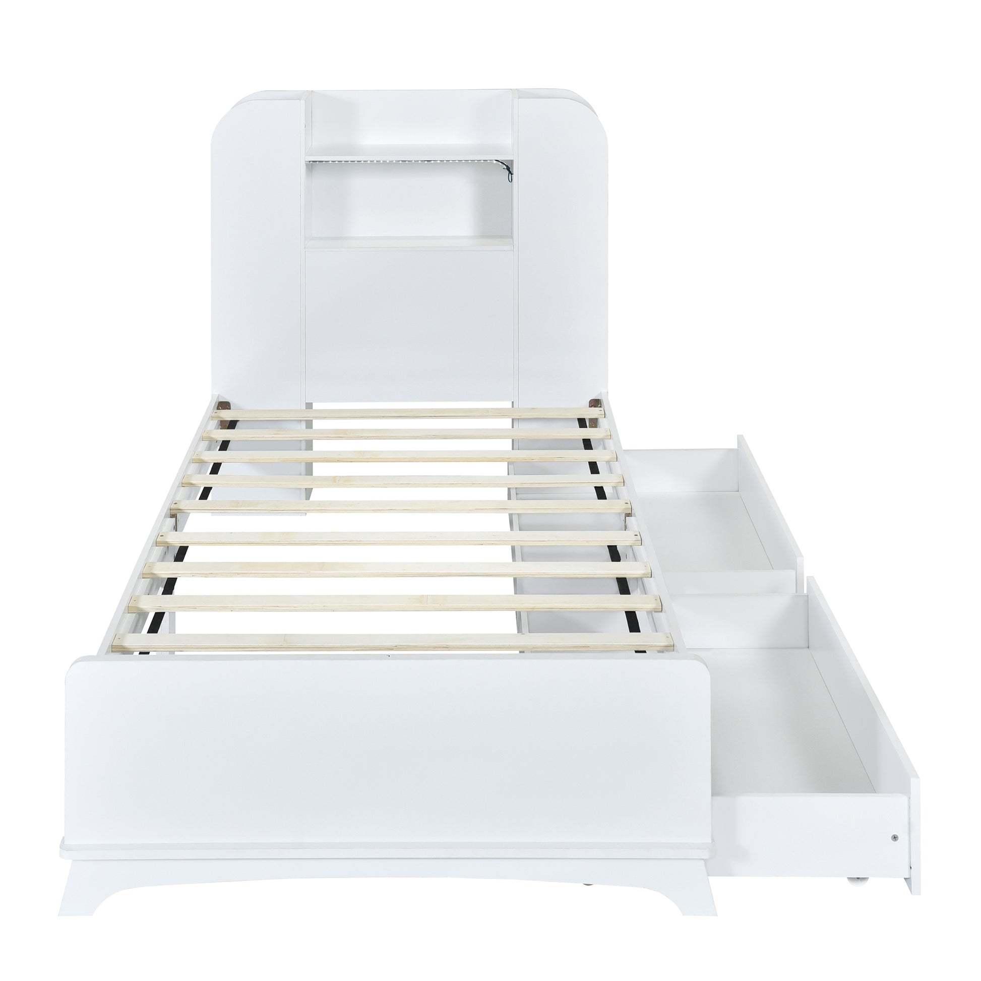 Twin Size Storage Platform Bed Frame With With Two Drawers And Light Strip Design In Headboard,White White Solid Wood Mdf