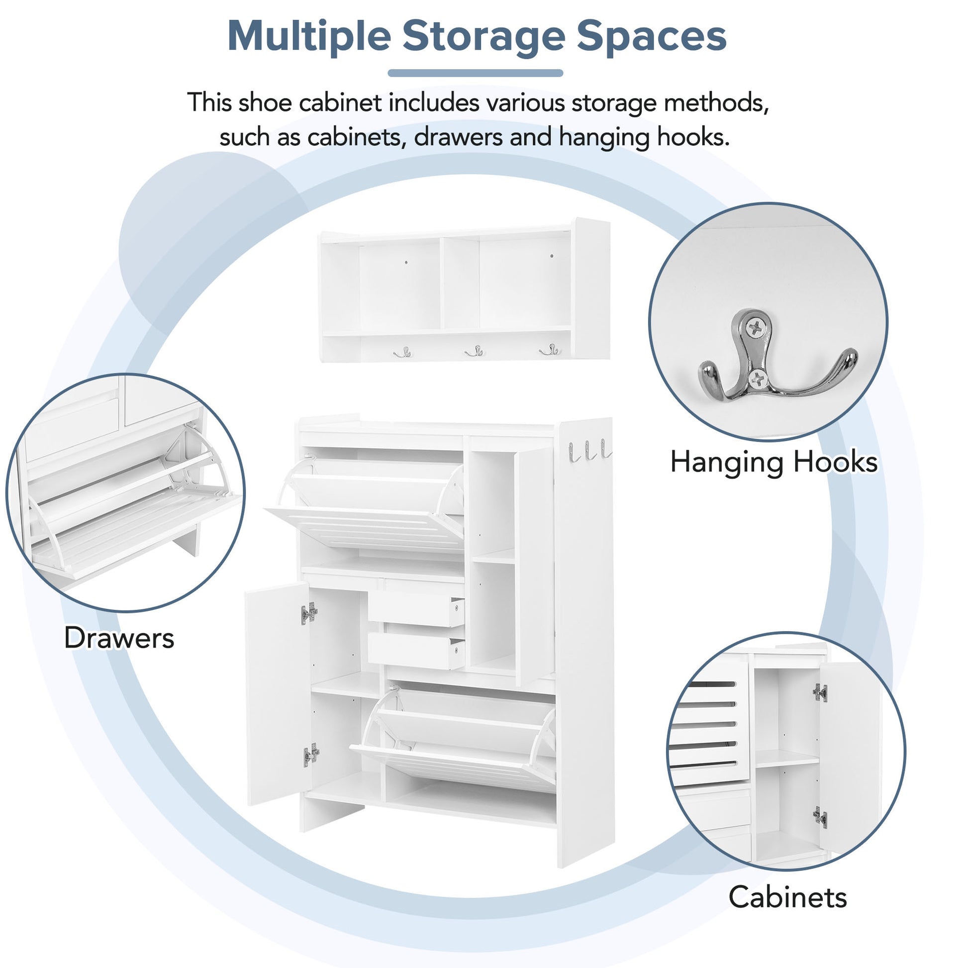 Multi Functional Shoe Cabinet With Wall Cabinet, Space Saving Design Foyer Cabinet With 2 Flip Drawers, Versatile Side Cabinet For Hallway, White White Primary Living Space Particle Board