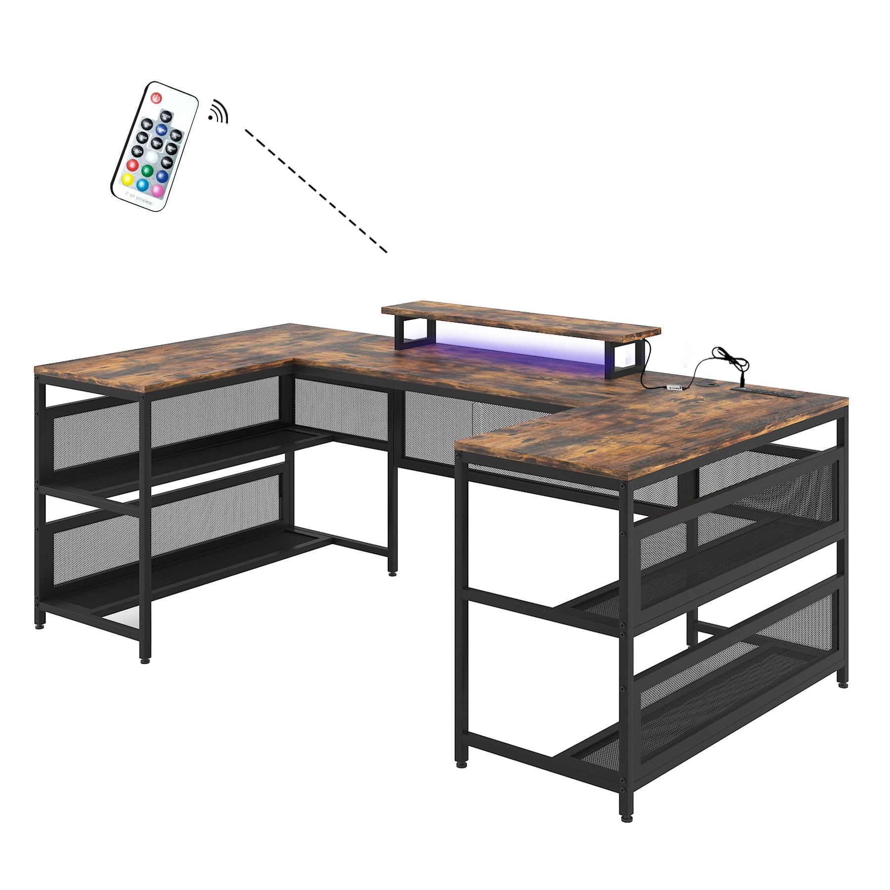 U shaped Desk with Shelve and LED lights brown-mdf