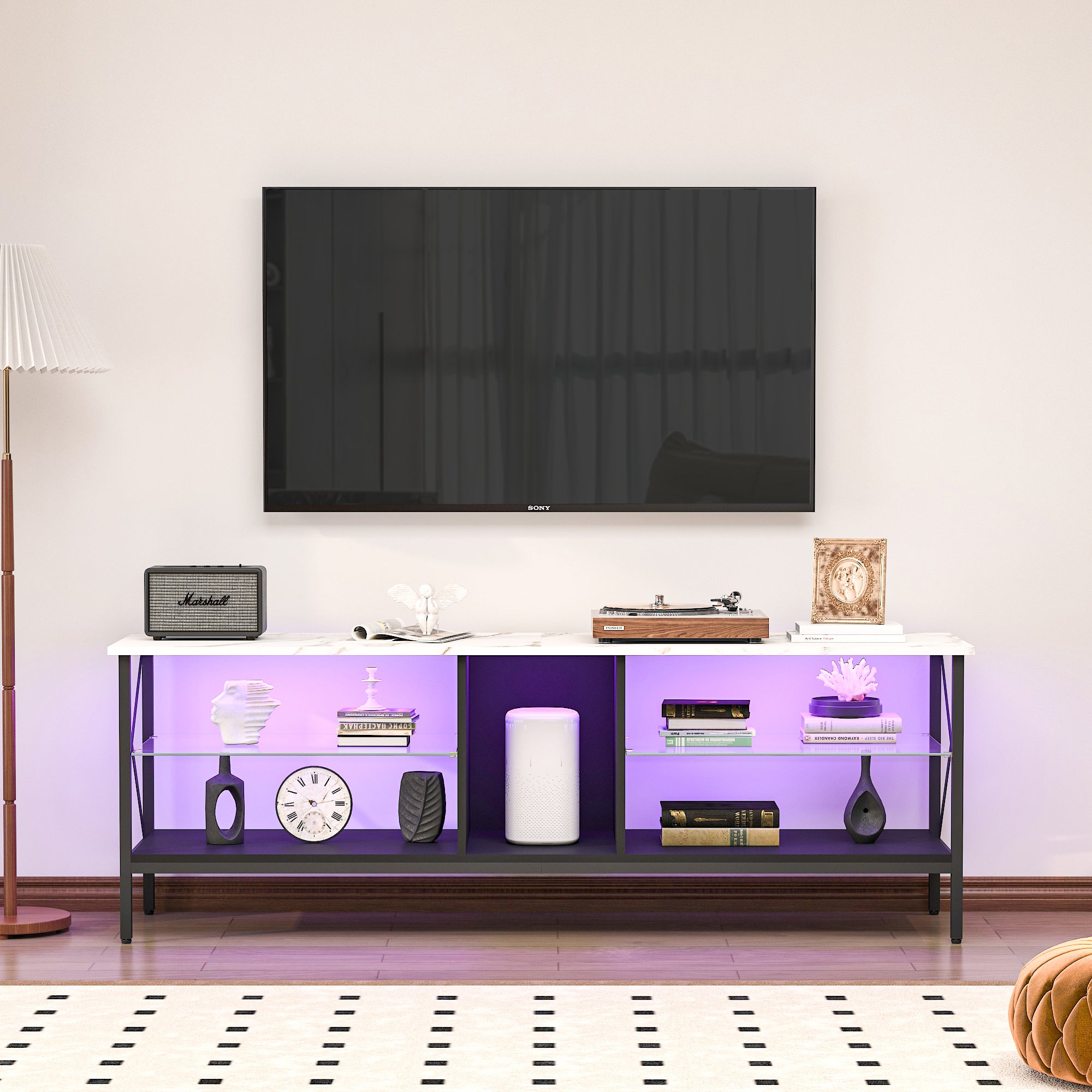 Tv Stand,Iron Tv Cabinet,Entertainment Center, Tv Set, Media Console, With Led Lights, Remote Control,Toughened Glass Stand,Can Be Placed In The Living Room, Bedroom, Color:White With Marble Texture White Primary Living Space 60 69 Inches 60 69 Inches 65