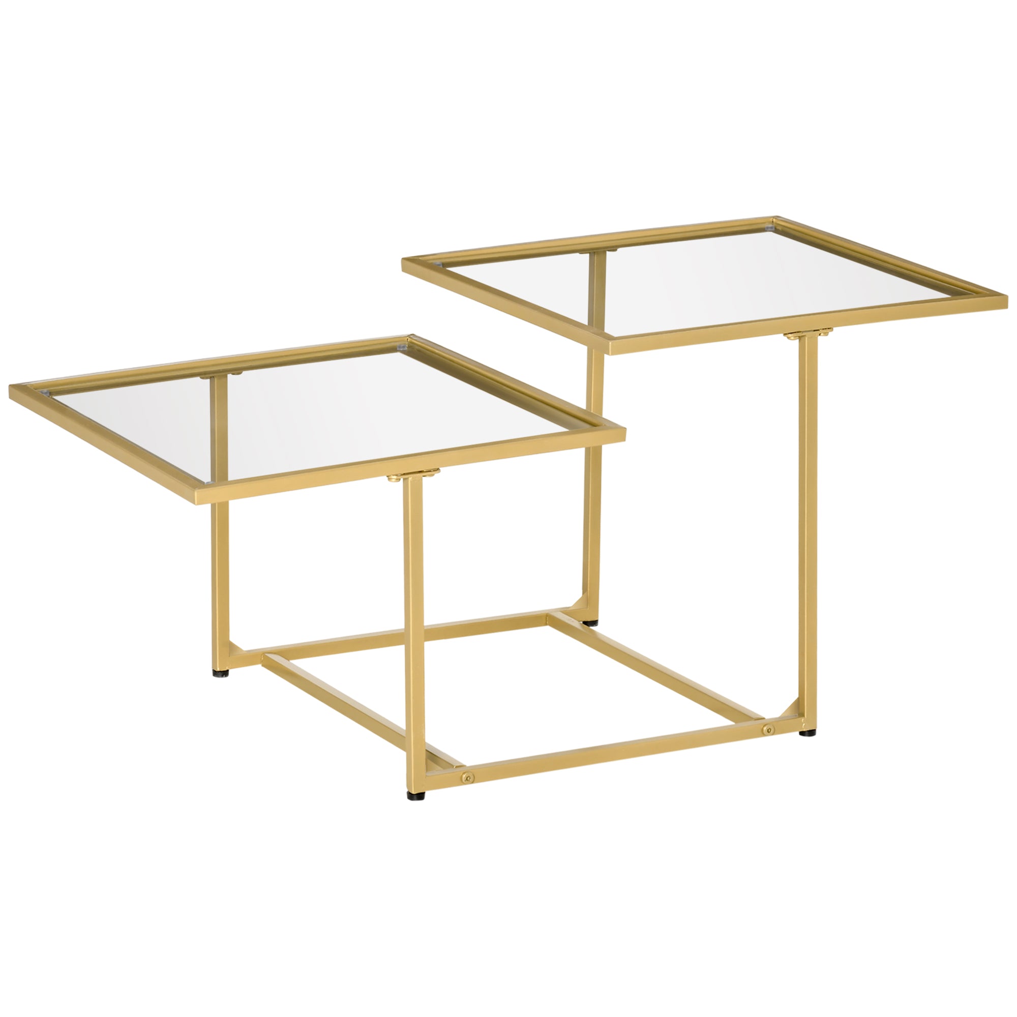 Homcom Coffee Table, Tempered Glass Coffee Table With 2 Square Tabletops, Modern Coffee Tables For Living Room, Bedroom, Gold Gold Tempered Glass