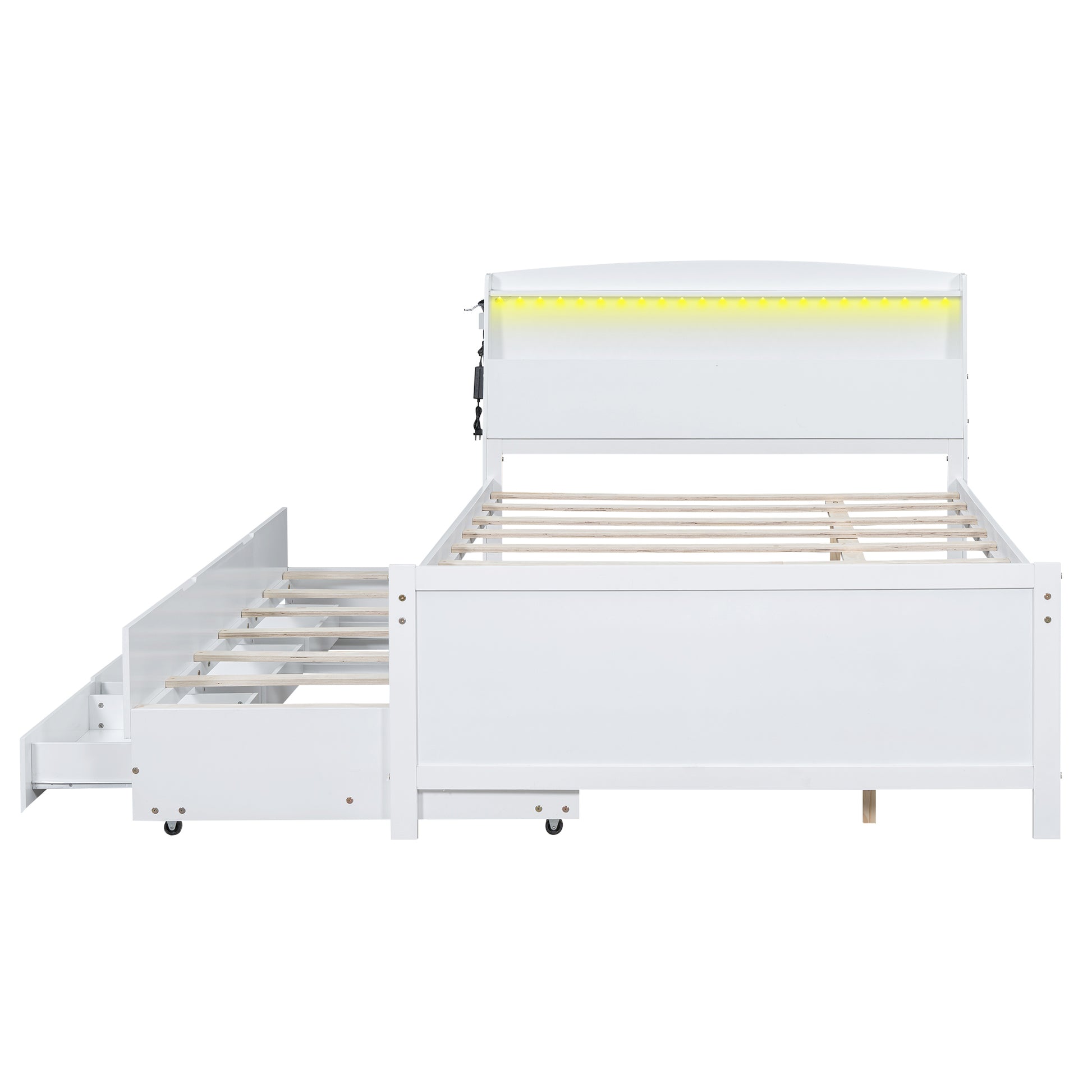 Full Size Platform Bed With Storage Led Headboard, Twin Size Trundle And 3 Drawers, White Box Spring Not Required Full White Bedroom Bed Frame Solid Wood Mdf