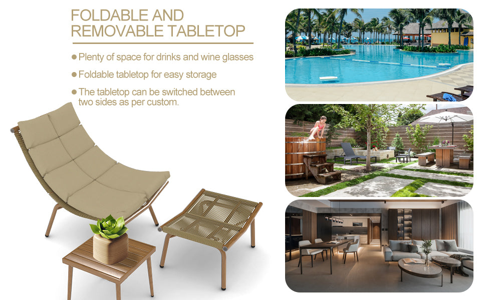 Chaise Lounge Chair With Table For Outdoor Indoor Wood Color Alloy Frame 380Lbs Capacity With Cushion Recliner For Camping Gaming Lunch Break Garden Party Sunbathing Wood Iron