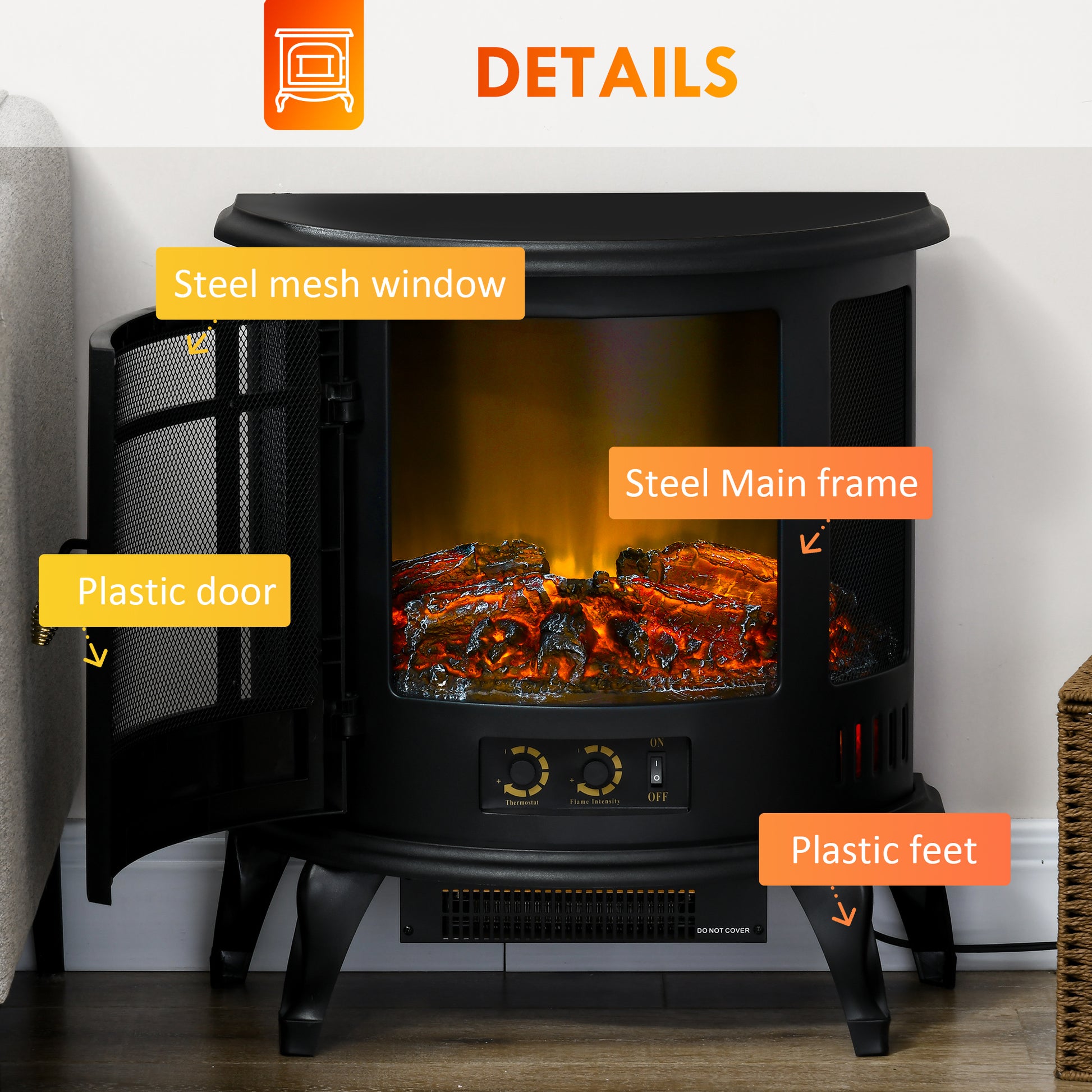 Homcom 22" Electric Fireplace Stove, Freestanding Electric Fire Place Heater With Realistic Led Flame, Adjustable Temperature, 1500W, Black Black Polypropylene