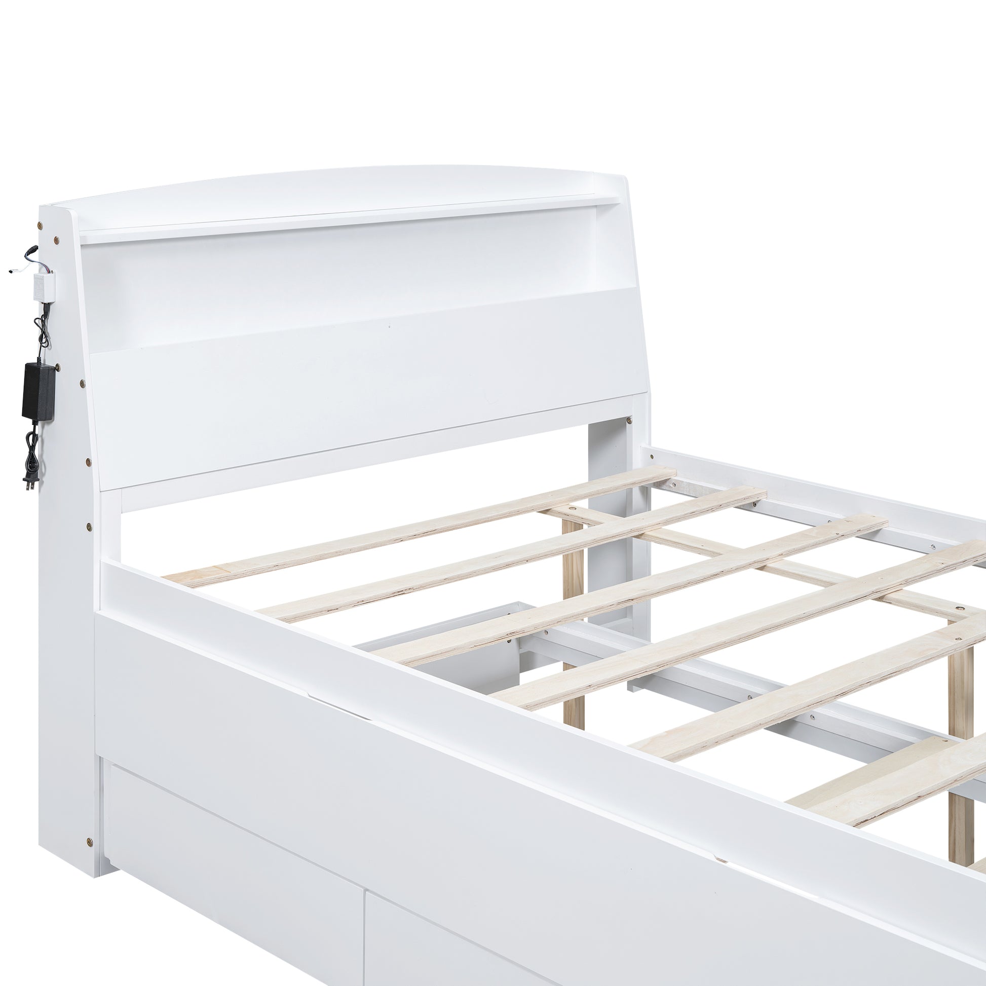 Full Size Platform Bed With Storage Led Headboard, Twin Size Trundle And 3 Drawers, White Box Spring Not Required Full White Bedroom Bed Frame Solid Wood Mdf