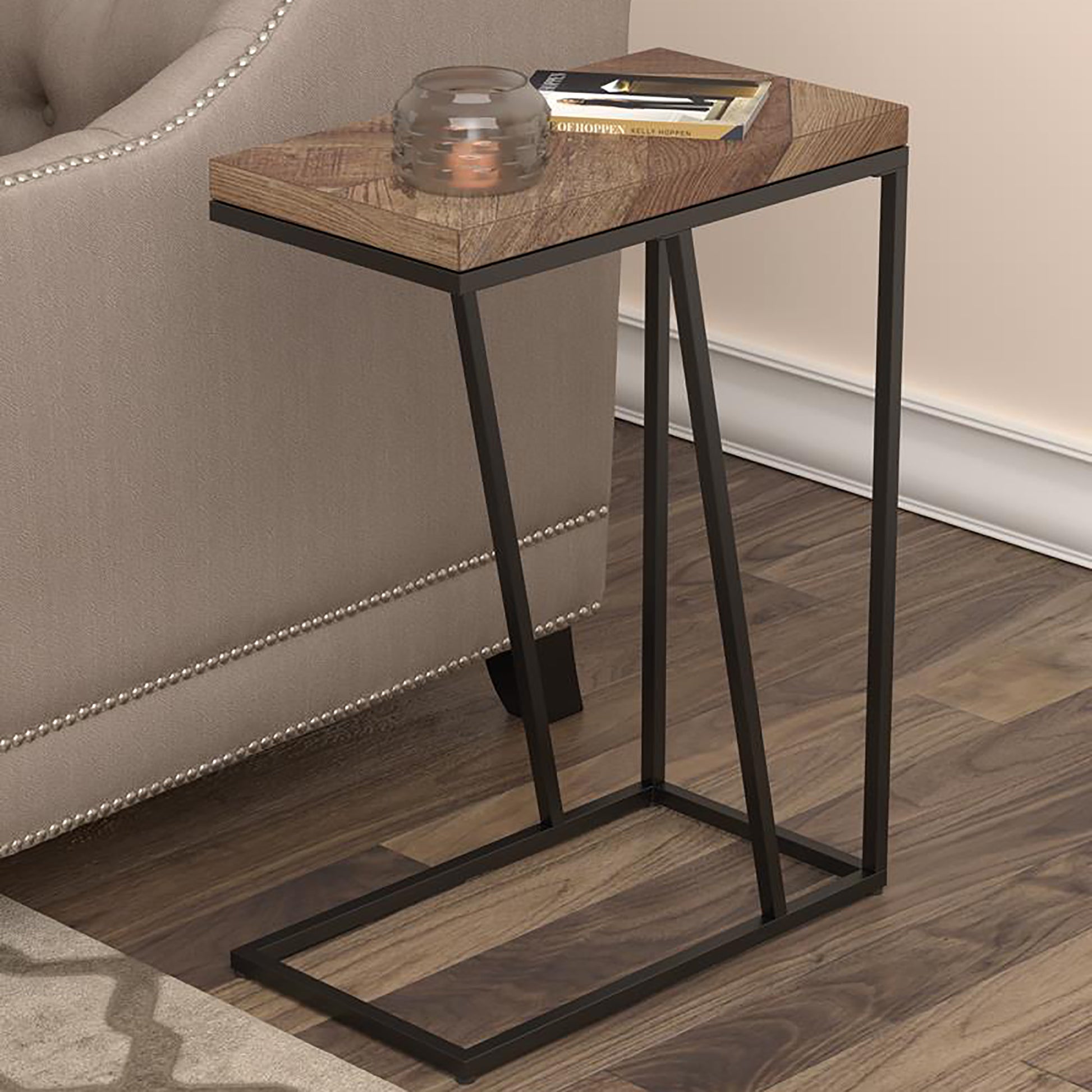 Rustic Herringbone And Sandy Black Accent Table Brown Primary Living Space Industrial Tabeltop Rectangular Coffee & End Tables Metal