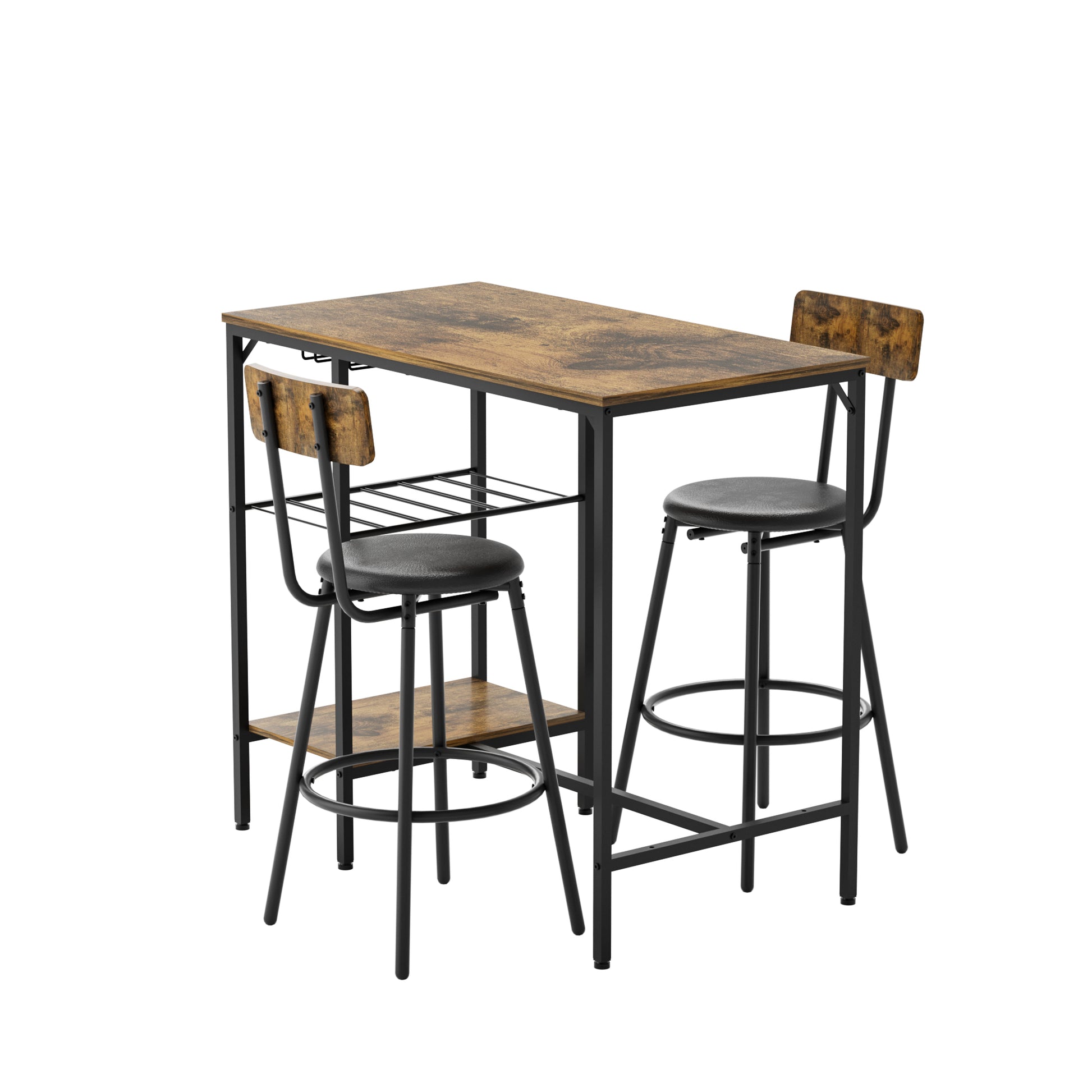 Bar Table And Chairs Set For 2, 3 Pieces Pub Dining Table Set, 2 Bar Stools Pu Upholstery Seat With Backrest For Kitchen, Apartment, Small Space Wood Antique Brown Seats 2 Brown Metal Dining Room 4