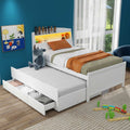 Twin Size Platform Bed With Storage Led Headboard, Twin Size Trundle And 3 Drawers, White Box Spring Not Required Twin White Bedroom Bed Frame Solid Wood Mdf
