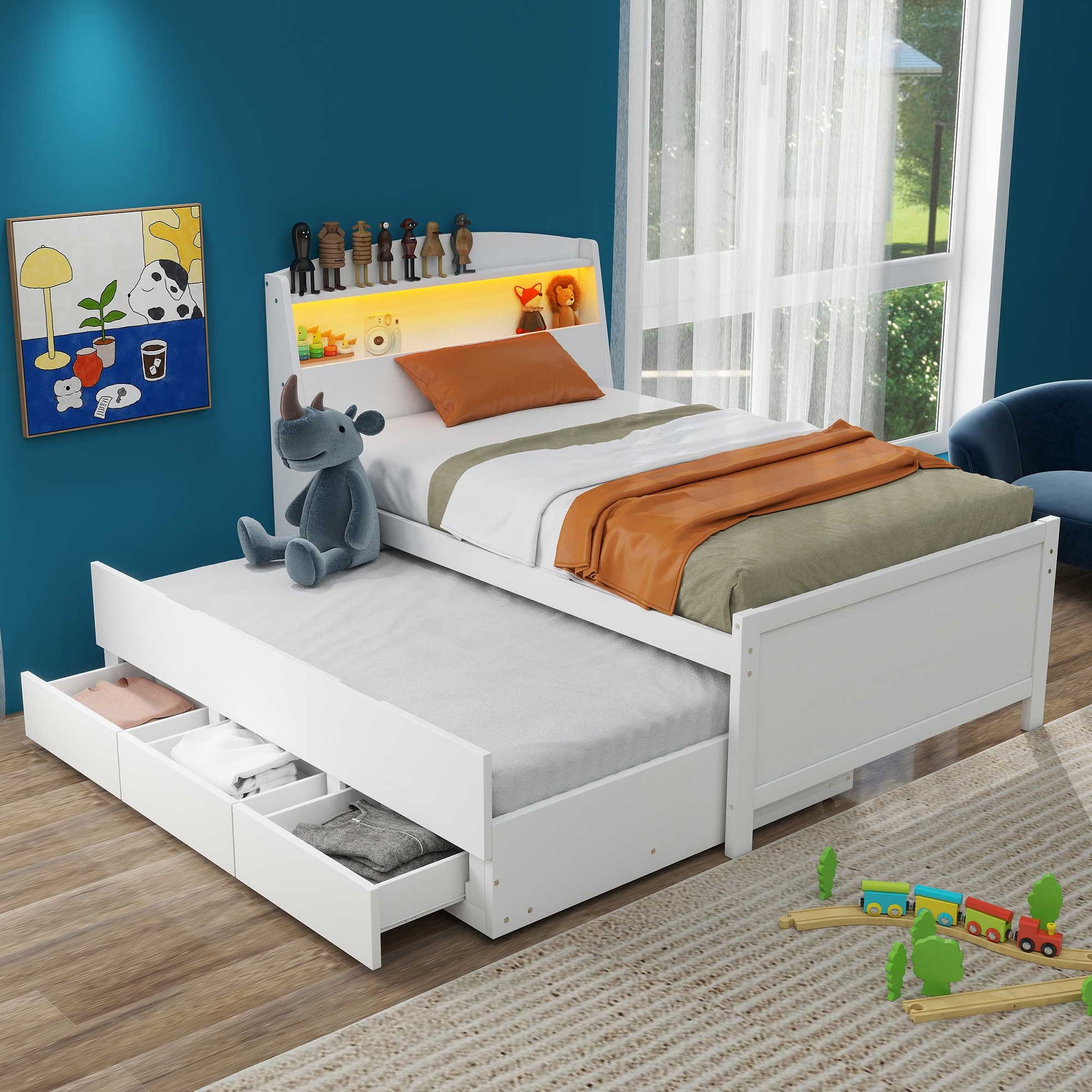 Twin Size Platform Bed With Storage Led Headboard, Twin Size Trundle And 3 Drawers, White Box Spring Not Required Twin White Bedroom Bed Frame Solid Wood Mdf