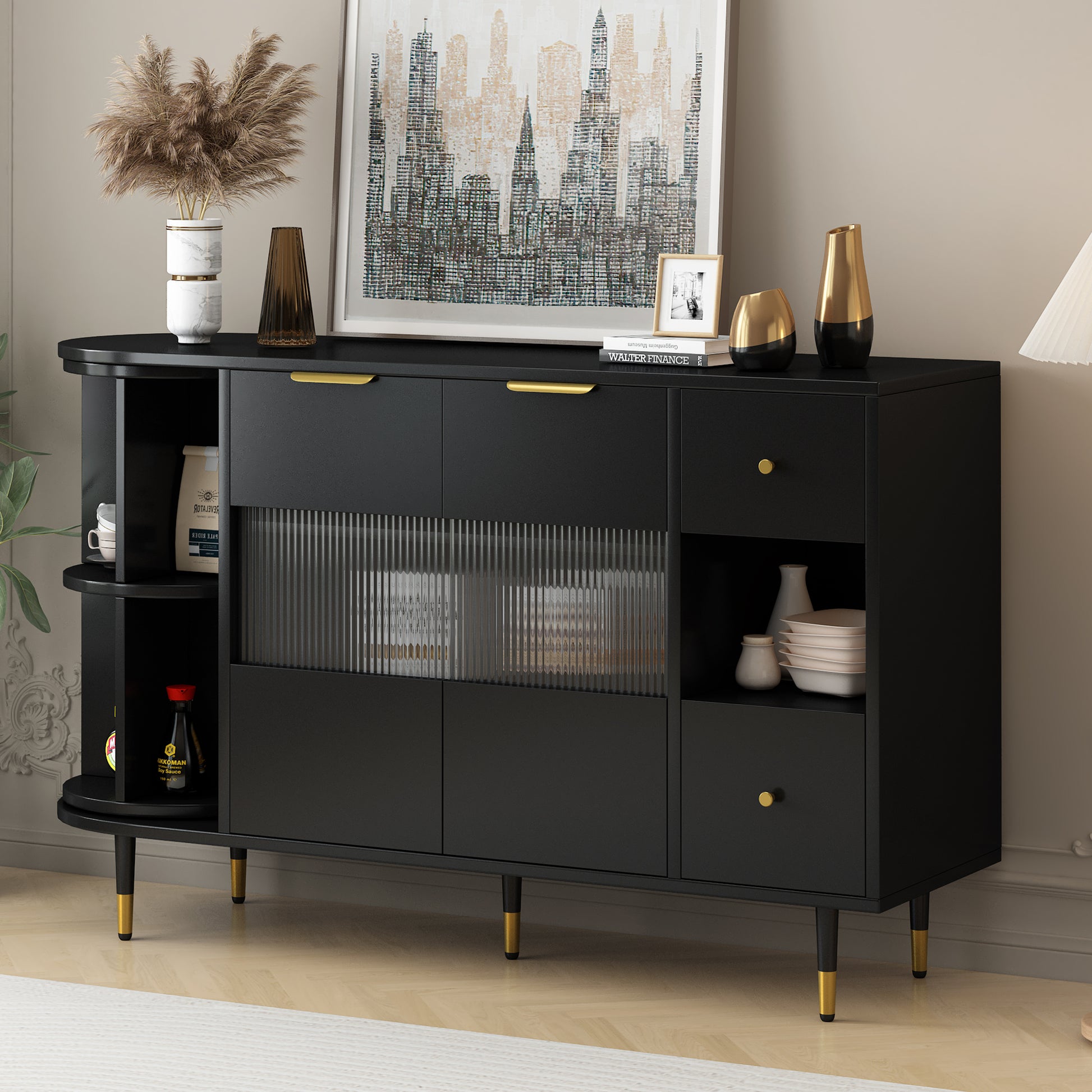 Rotating Storage Cabinet With 2 Doors And 2 Drawers, Suitable For Living Room, Study, And Balcony 1 2 Shelves Black Mdf