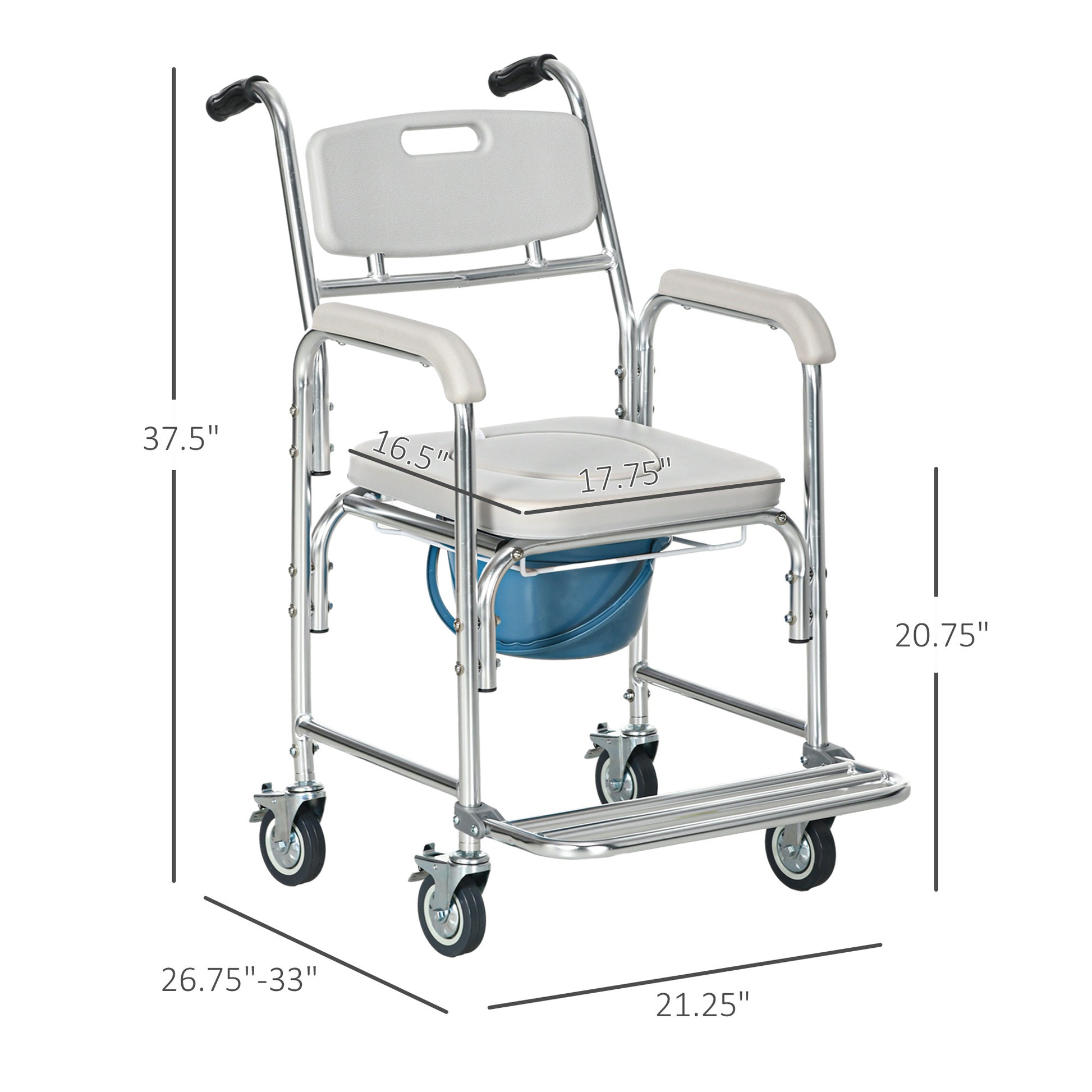 Homcom 3 In 1 Shower Commode Wheelchair, Transport Beside Commode Chair, Waterproof Rolling Over Toilet Chair 330 Lbs. Weight Capacity With Padded Seat, Gray Gray Aluminum