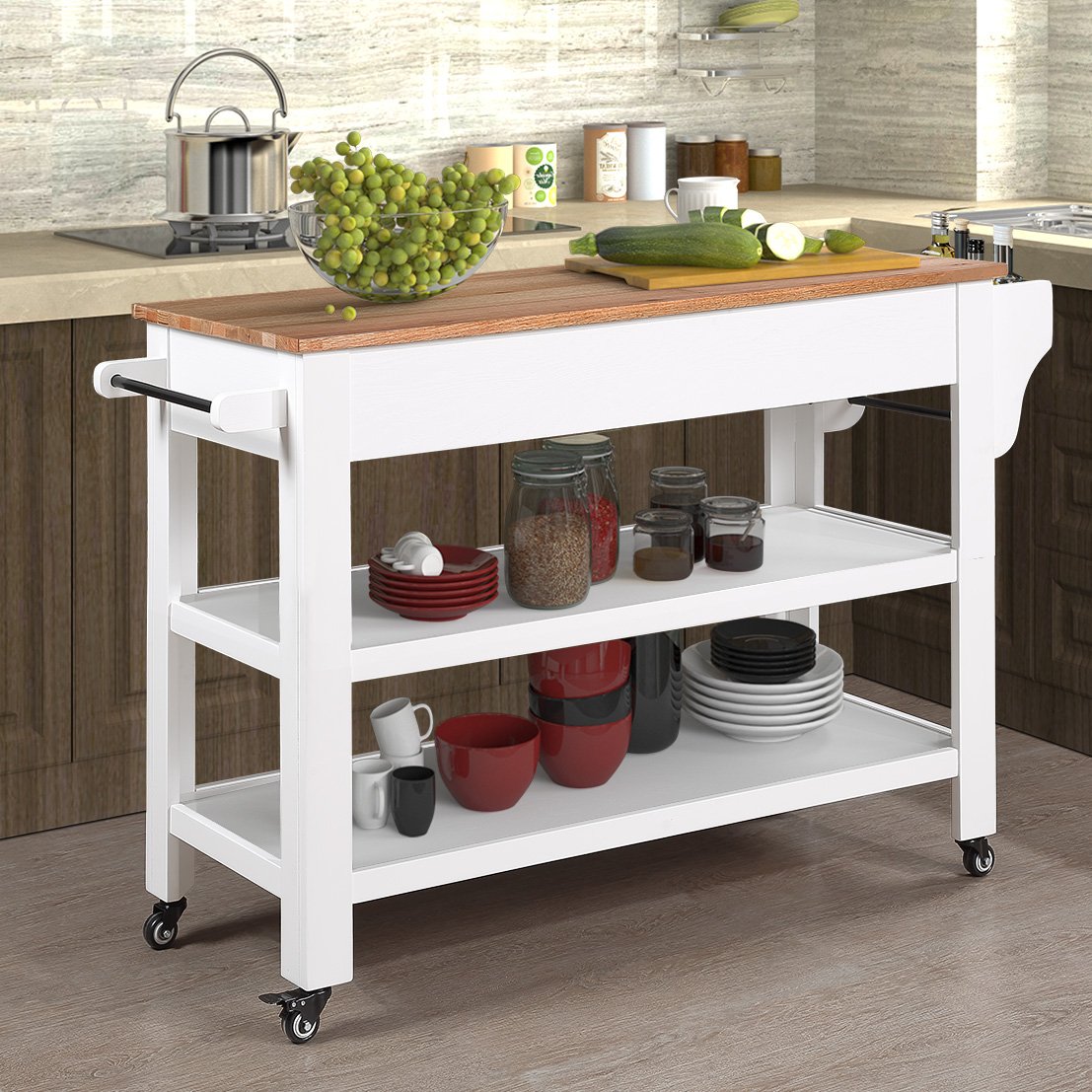 57 Inch Rolling Kitchen Island With Storage,Kitchen Cart With Solid Oak Wood Top,Two Sided Kitchen Island Cart On Wheels ,Wine And Spice Rack, Large Kitchen Cart With 2 Drawers, Milk White Natural Top White Natural Dining Room American Design Rectangular