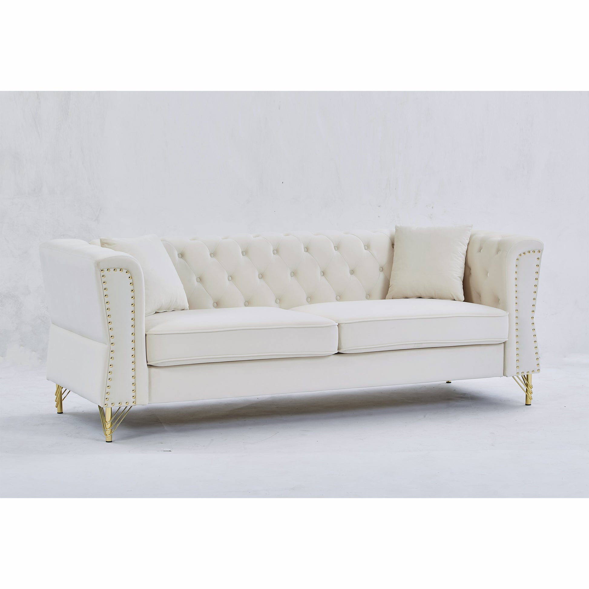 3 Seater 2 Seater Combination Sofa Tufted Couch With Rolled Arms And For Living Room, Bedroom, Office, Apartment, Four Pillows Beige Foam Velvet
