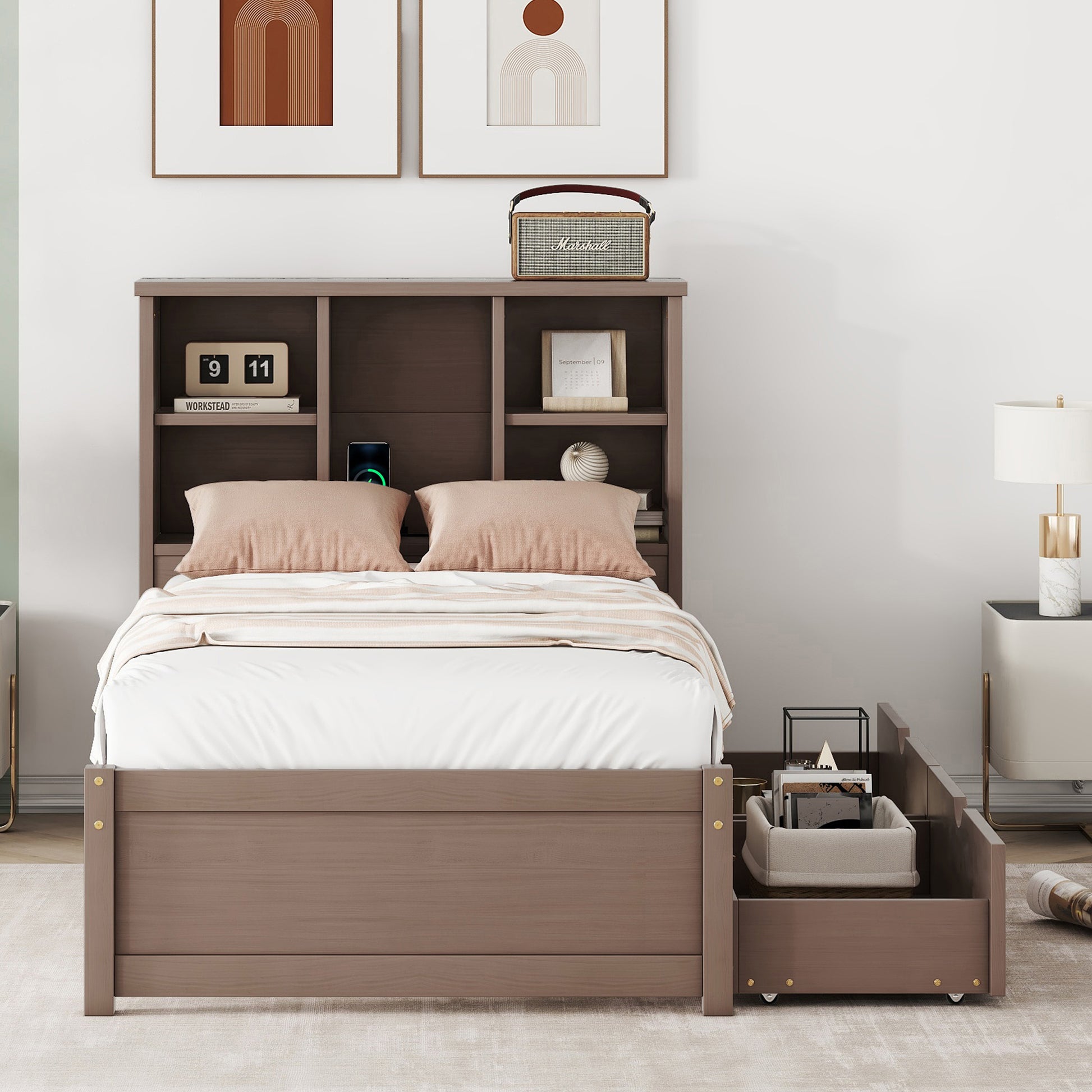 Modern Twin Size Bed Frame With Built In Usb Port On Bookcase Headboard And 2 Drawers For Walnut Color Box Spring Not Required Twin Walnut Bedroom Bed Frame Particle Board