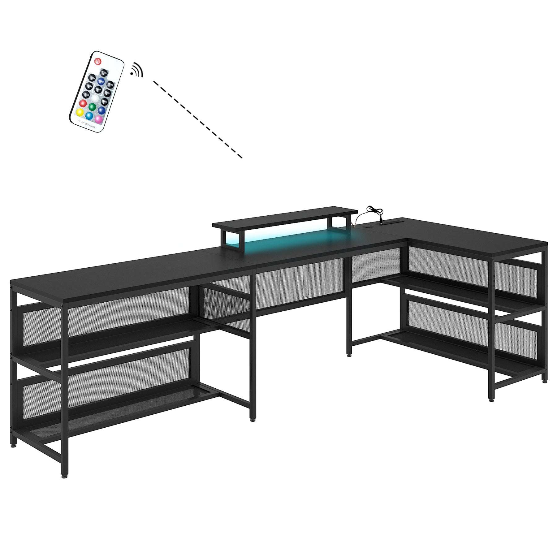 U shaped Desk with Shelve and LED lights black-mdf