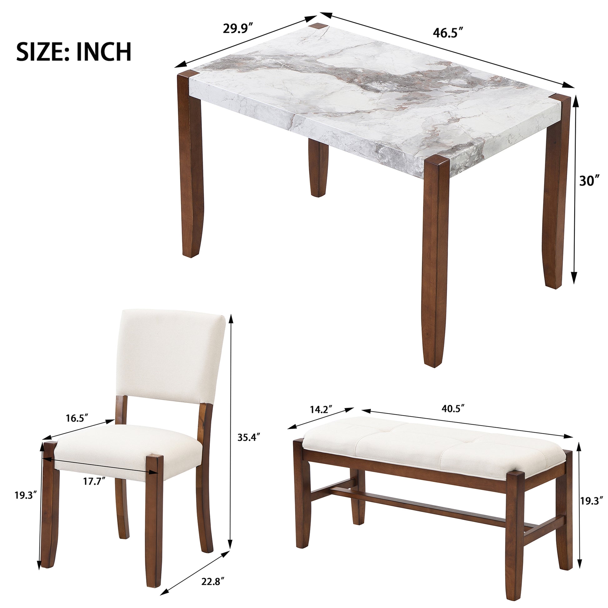 4 Piece Modern Dining Furniture Set, 4 Person Space Saving Dinette For Kitchen, 46" Faux Marble Style Table And 2 Upholstered Chairs & Bench With Wood Legs Off White Rubber Wood