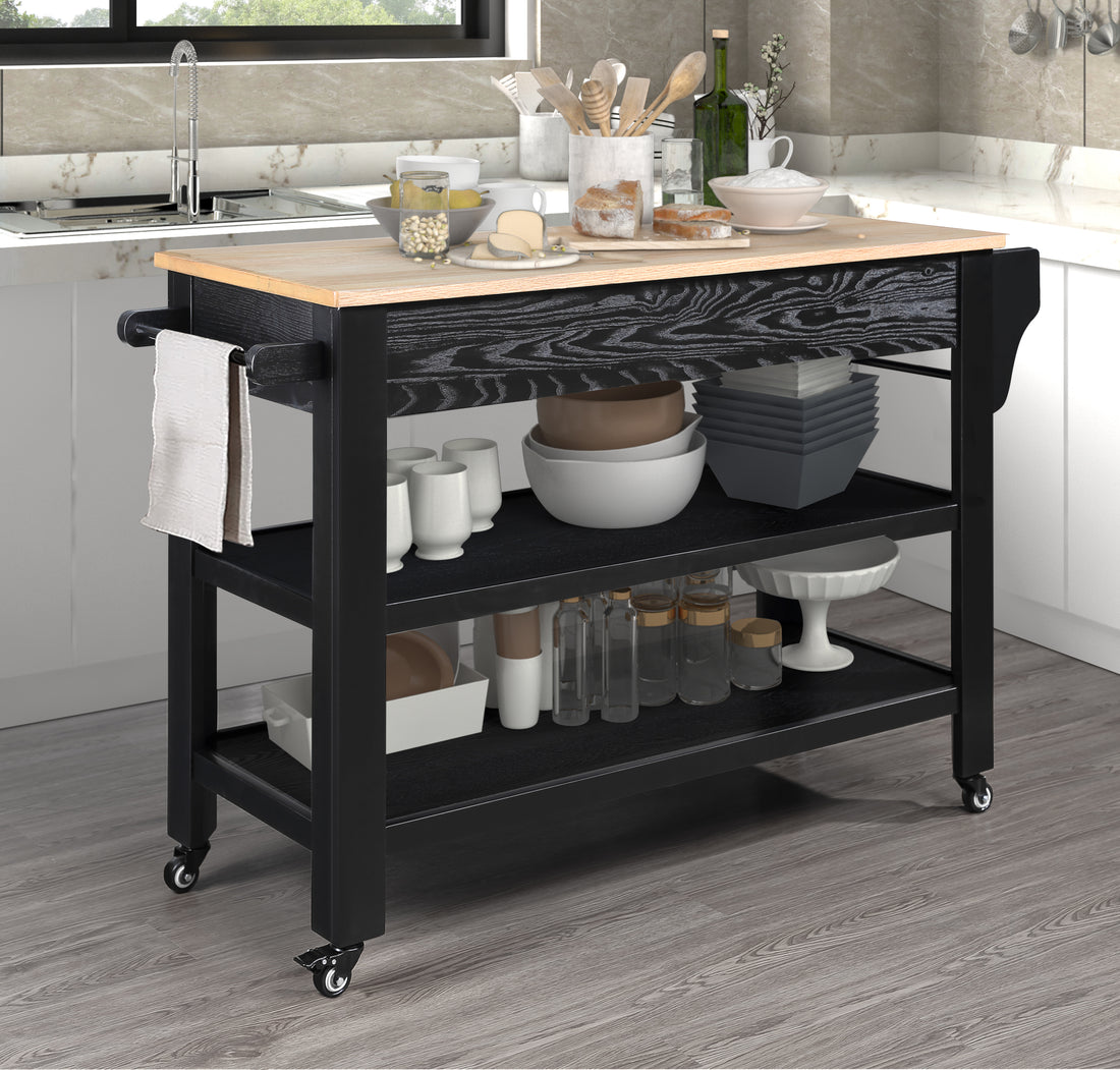 57 Inch Rolling Kitchen Island With Storage,Kitchen Cart With Solid Oak Wood Top,Two Sided Kitchen Island Cart On Wheelswine And Spice Rack, Large Kitchen Cart With 2 Drawers, Black Natural Top Black Natural Dining Room American Design Rectangular