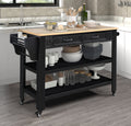 57 Inch Rolling Kitchen Island With Storage,Kitchen Cart With Solid Oak Wood Top,Two Sided Kitchen Island Cart On Wheelswine And Spice Rack, Large Kitchen Cart With 2 Drawers, Black Natural Top Black Natural Dining Room American Design Rectangular