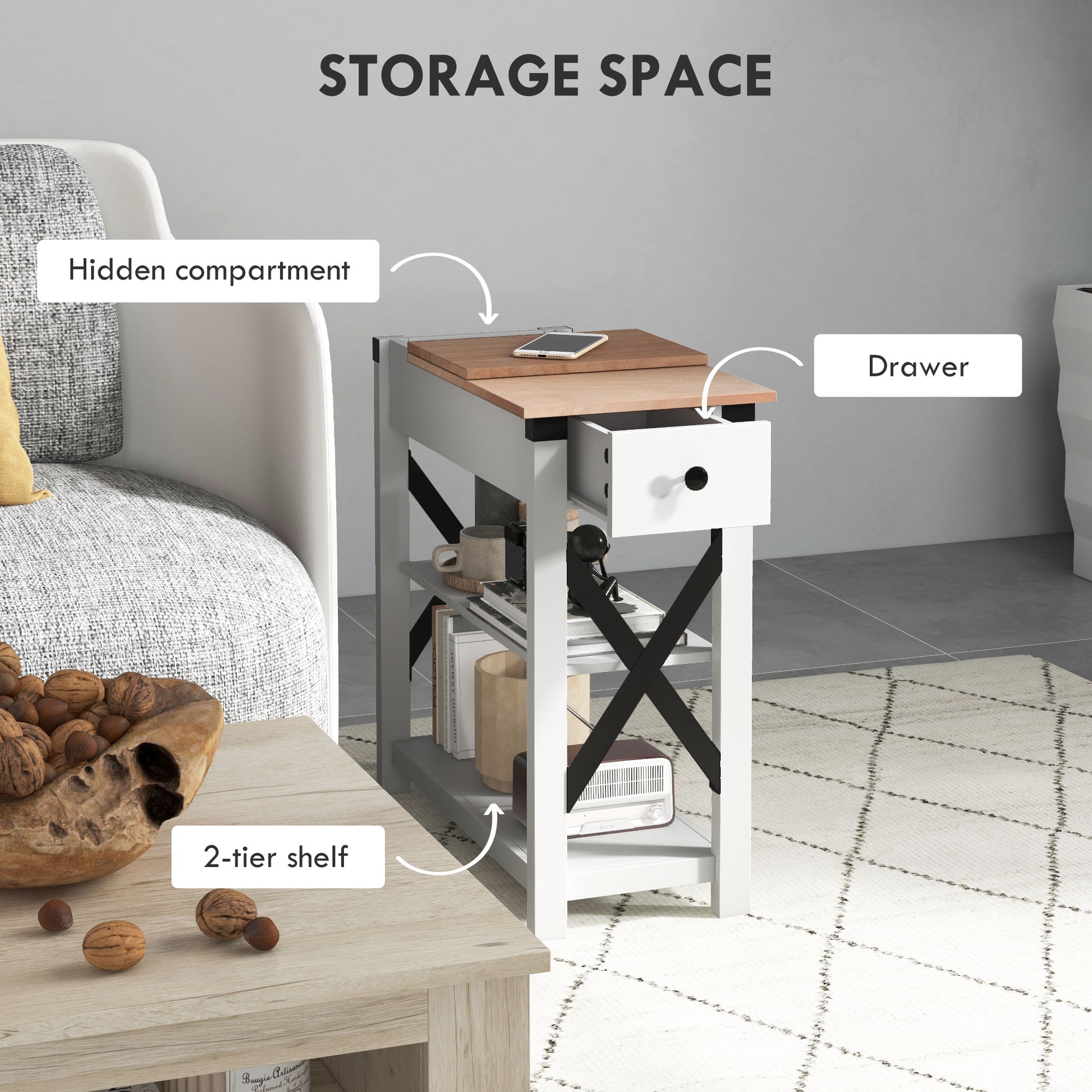 Homcom Side Table With Charging Station, End Table With 2 Usb Ports And 1 Outlet, Storage Shelves For Living Room, White White Mdf