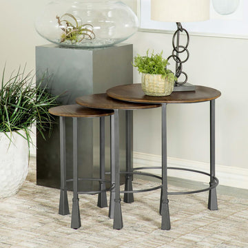 Natural And Gunmetal 3 Piece Nesting Table Brown Primary Living Space Contemporary,Modern Tabeltop Mango Round Coffee & End Tables Wood