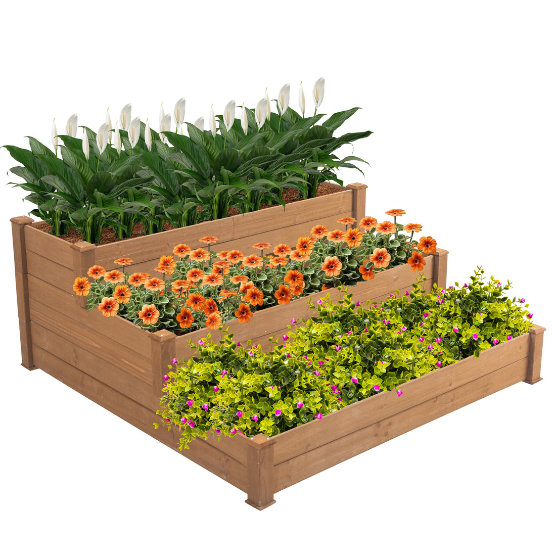 48.6 X 48.6 X 21In Raised Garden Bed Horticulture Outdoor Elevated Flower Box Tiered Garden Bed Wooden Vegetables Brown Brown Solid Wood