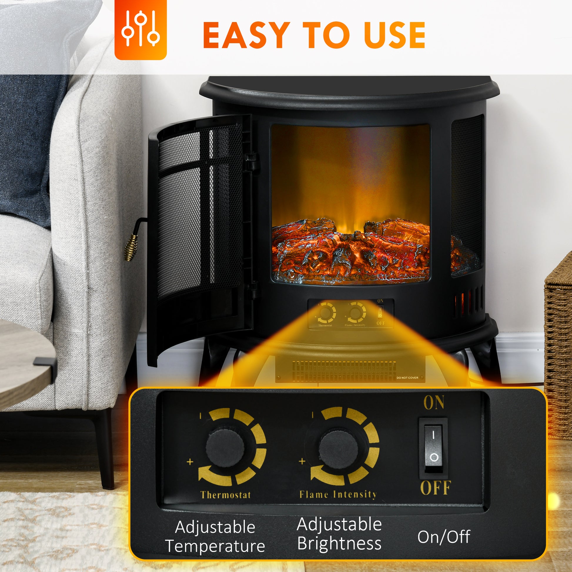 Homcom 22" Electric Fireplace Stove, Freestanding Electric Fire Place Heater With Realistic Led Flame, Adjustable Temperature, 1500W, Black Black Polypropylene