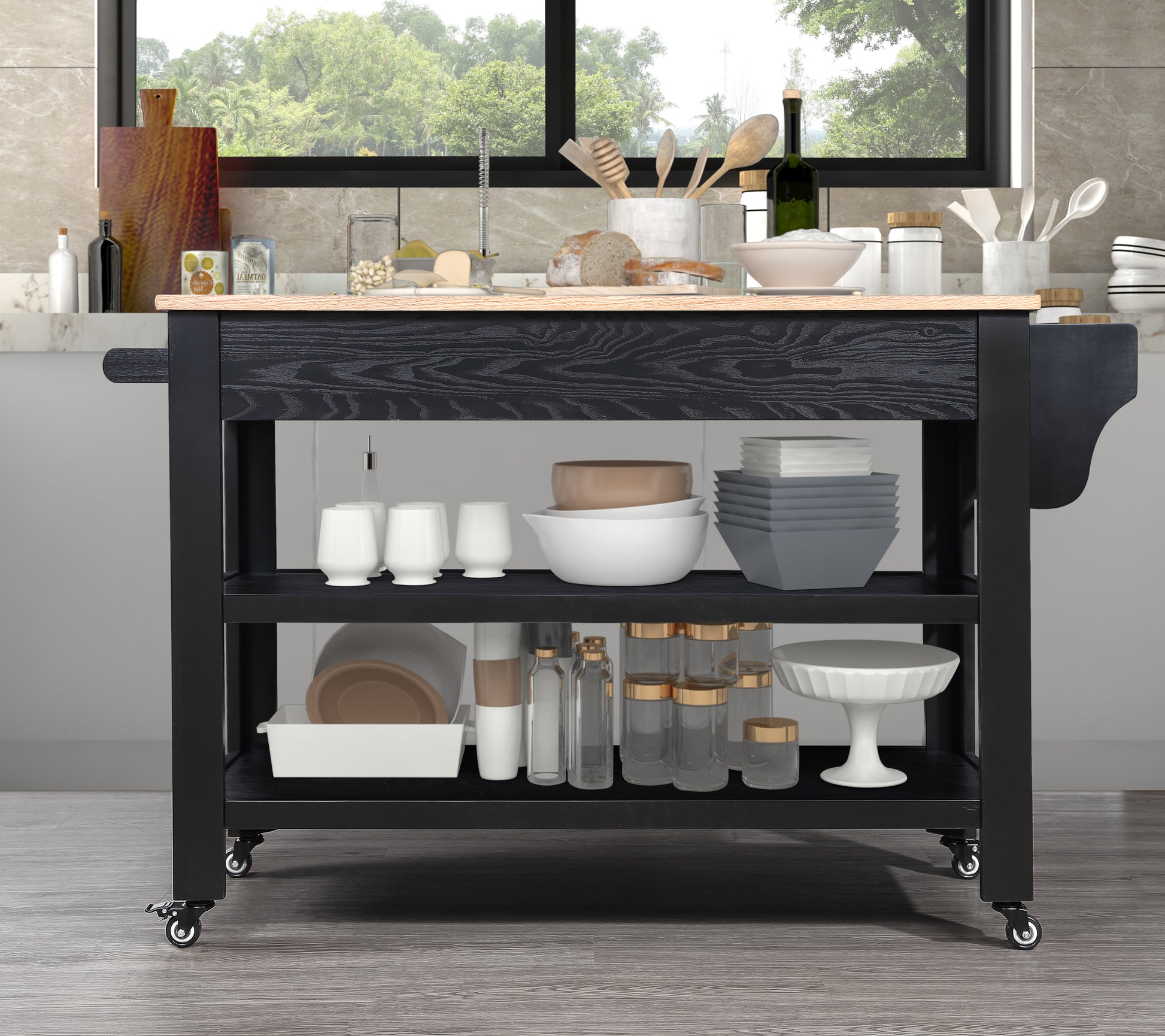 57 Inch Rolling Kitchen Island With Storage,Kitchen Cart With Solid Oak Wood Top,Two Sided Kitchen Island Cart On Wheelswine And Spice Rack, Large Kitchen Cart With 2 Drawers, Black Natural Top Black Natural Dining Room American Design Rectangular