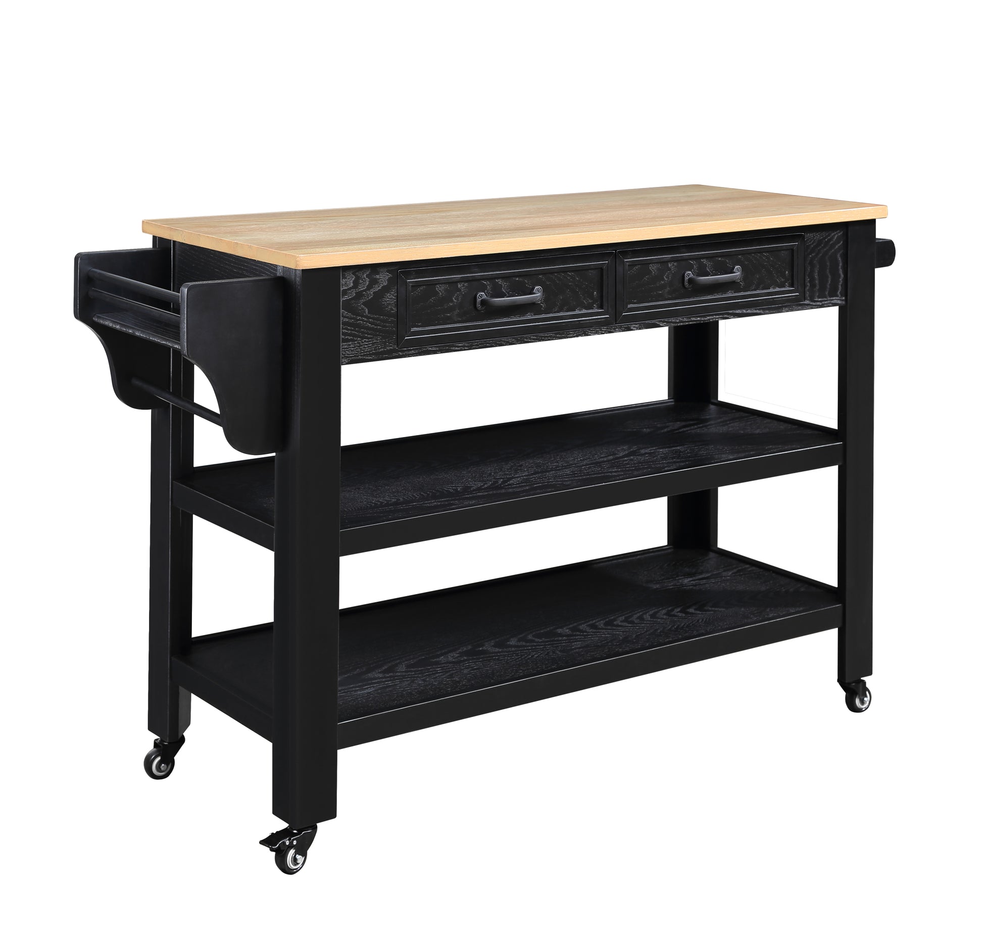 57 Inch Rolling Kitchen Island With Storage,Kitchen Cart With Solid Oak Wood Top,Two Sided Kitchen Island Cart On Wheelswine And Spice Rack, Large Kitchen Cart With 2 Drawers, Black Natural Top Black Natural Dining Room American Design Rectangular