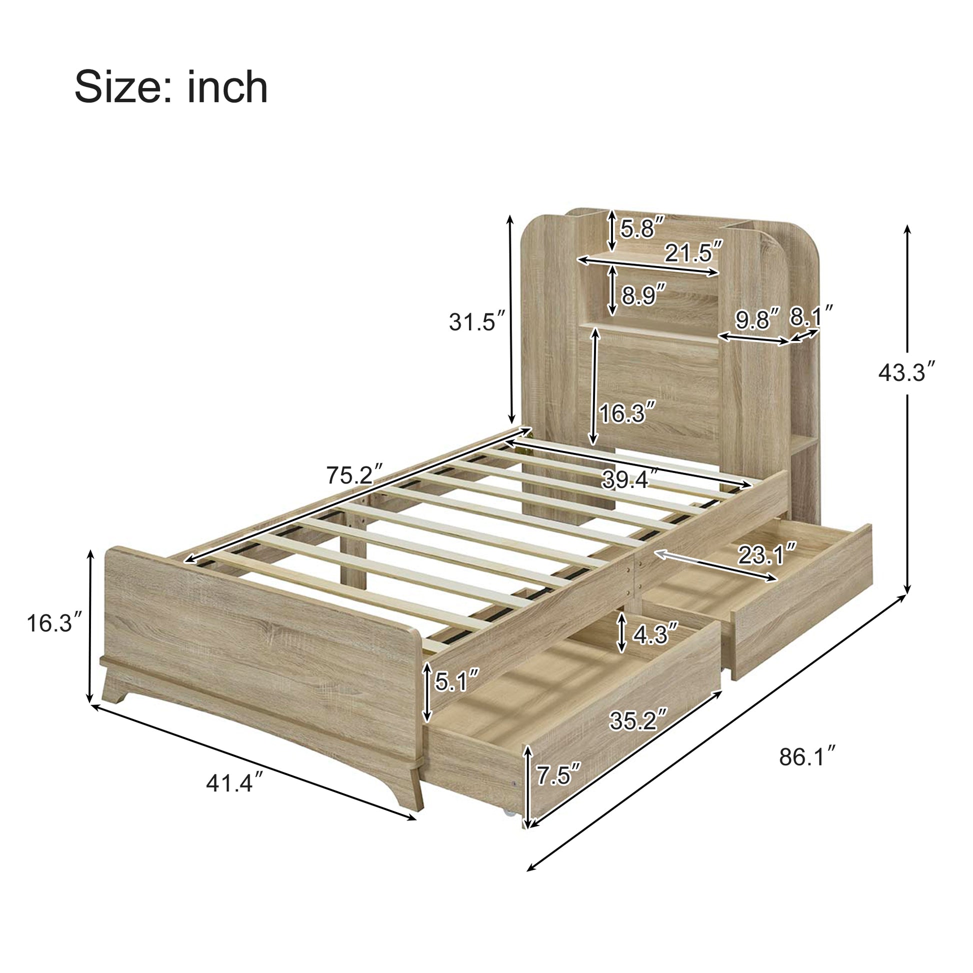 Twin Size Storage Platform Bed Frame With With Two Drawers And Light Strip Design In Headboard,Oak Twin Natural Solid Wood Mdf