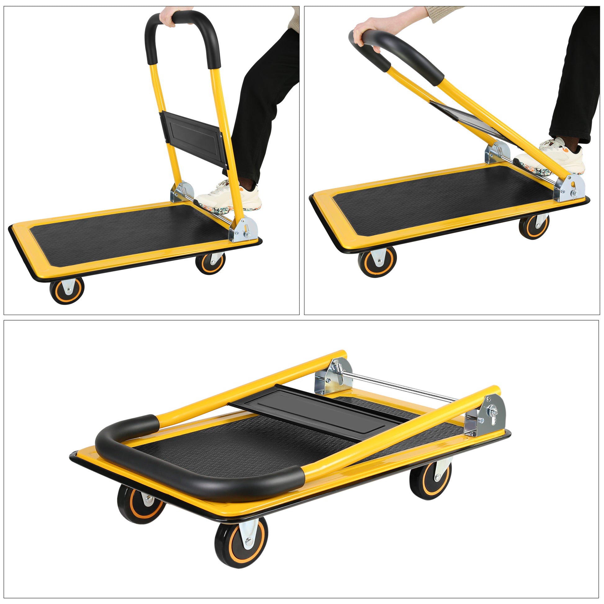 Moving Platform Hand Truck Home Large Foldable Push Cart Dolly 330 Lbs Capacity Heavy Duty Space Saving Collapsible Swivel Push Handle Flat Bed Wagon Yellow Steel