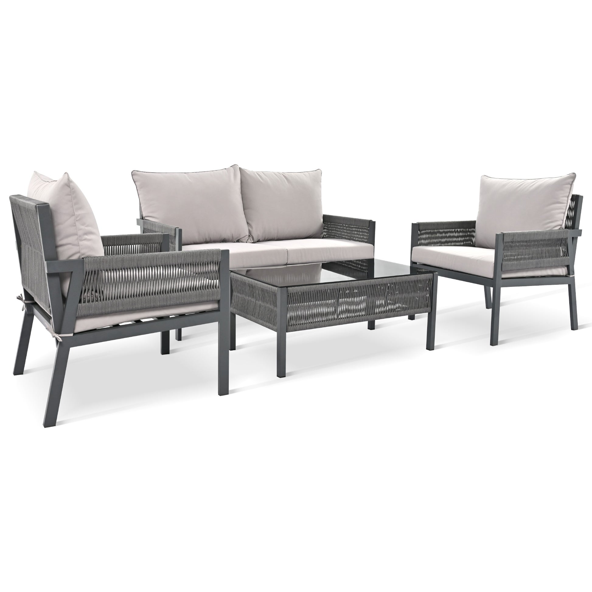 K&K 4 Piece Rope Patio Furniture Set, Outdoor Furniture With Tempered Glass Table, Patio Conversation Set Deep Seating With Thick Cushion For Backyard Porch Balcony Grey Yes Complete Patio Set Grey Weather Resistant Frame Fade Resistant Cushion Garden &
