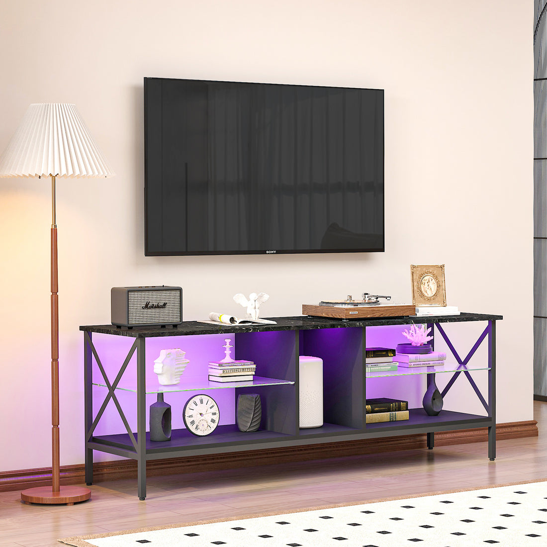 Tv Stand,Iron Tv Cabinet,Entertainment Center, Tv Set, Media Console, With Led Lights, Remote Control,Toughened Glass Stand,Can Be Placed In The Living Room, Bedroom, Color:Black With Marble Texture Black Primary Living Space 60 69 Inches 60 69 Inches 65