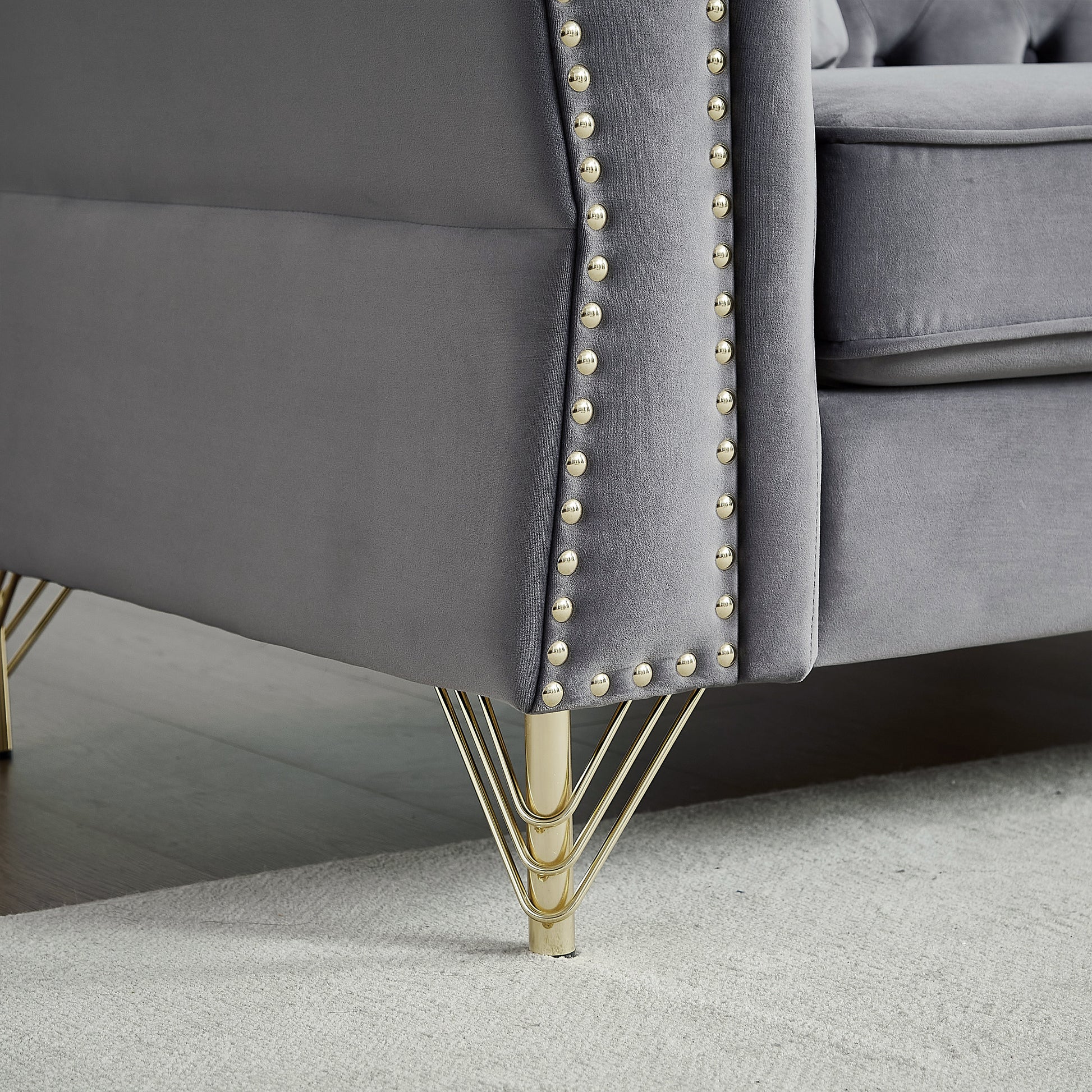 60.2" Chesterfield Sofa Beige Velvet For Living Room, 2 Seater Sofa Tufted Couch With Metal Foot And For Living Room, Bedroom, Office, Apartment, Two Pillows Grey Foam Velvet