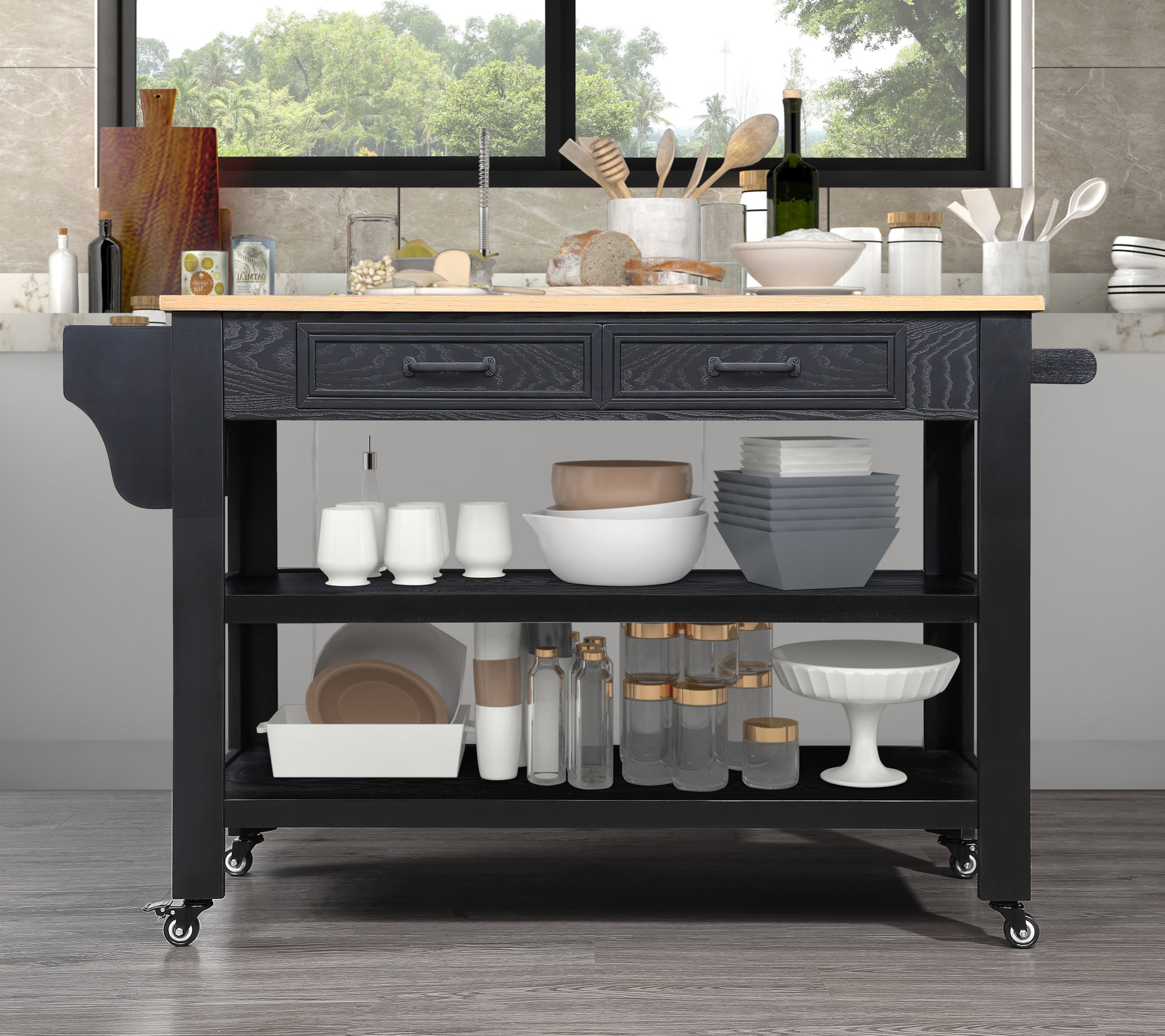 57 Inch Rolling Kitchen Island With Storage,Kitchen Cart With Solid Oak Wood Top,Two Sided Kitchen Island Cart On Wheelswine And Spice Rack, Large Kitchen Cart With 2 Drawers, Black Natural Top Black Natural Dining Room American Design Rectangular