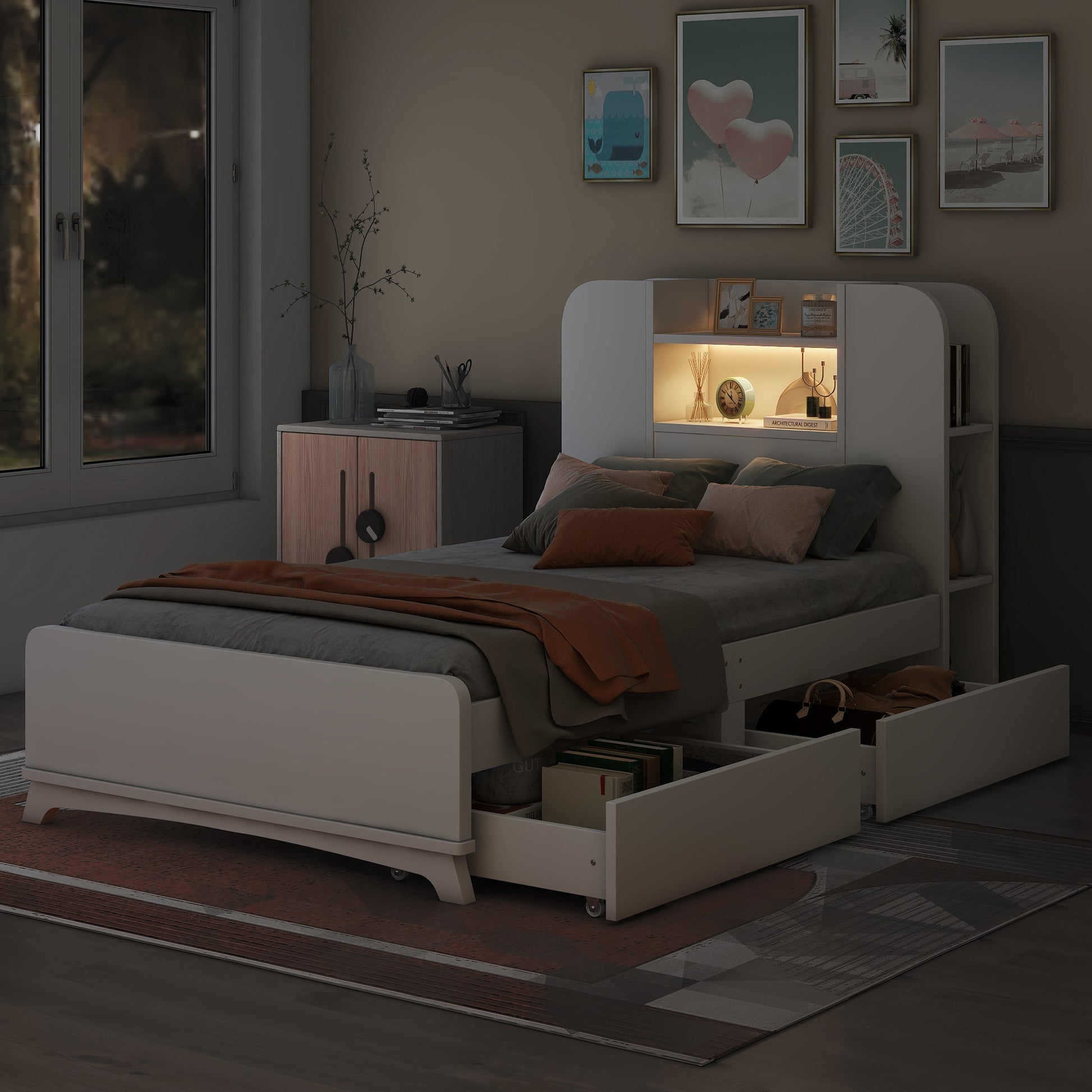 Twin Size Storage Platform Bed Frame With With Two Drawers And Light Strip Design In Headboard,White White Solid Wood Mdf