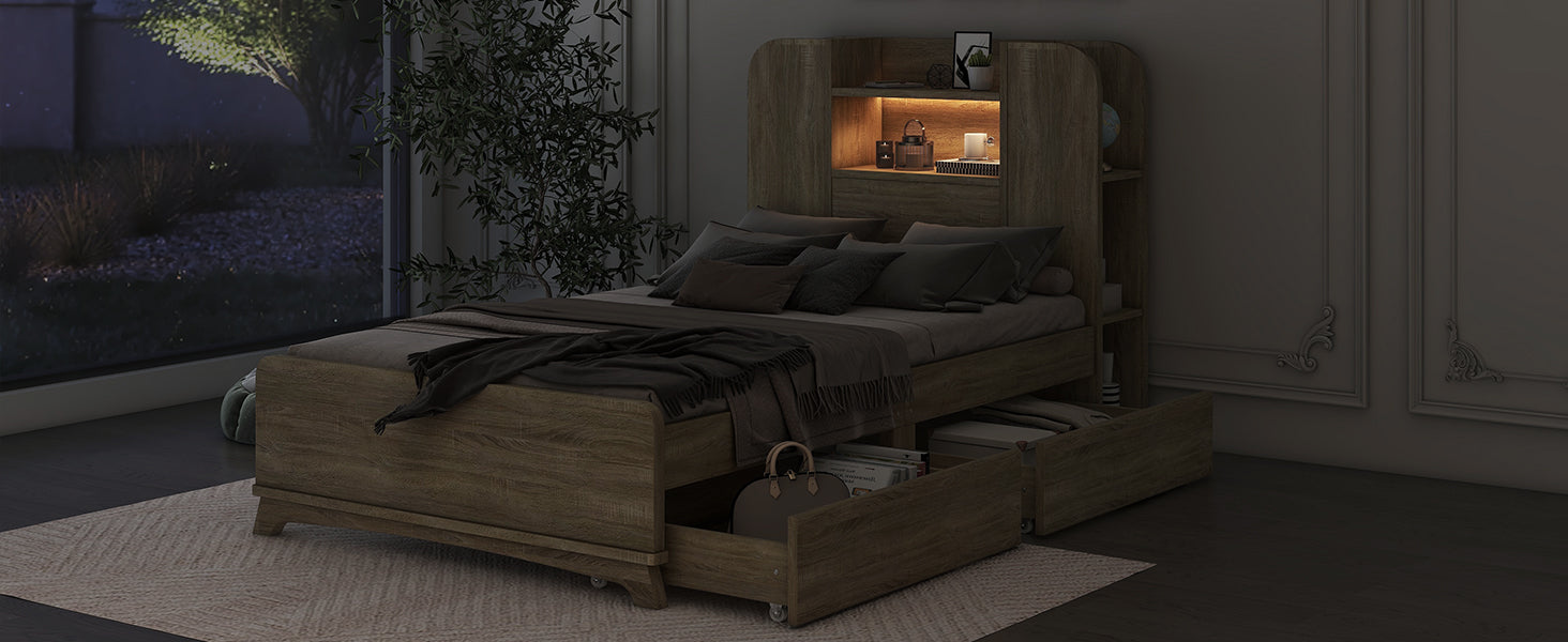 Twin Size Storage Platform Bed Frame With With Two Drawers And Light Strip Design In Headboard,Oak Twin Natural Solid Wood Mdf