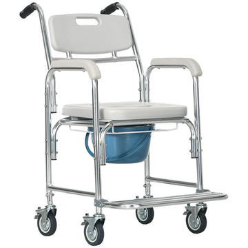 Homcom 3 In 1 Shower Commode Wheelchair, Transport Beside Commode Chair, Waterproof Rolling Over Toilet Chair 330 Lbs. Weight Capacity With Padded Seat, Gray Gray Aluminum