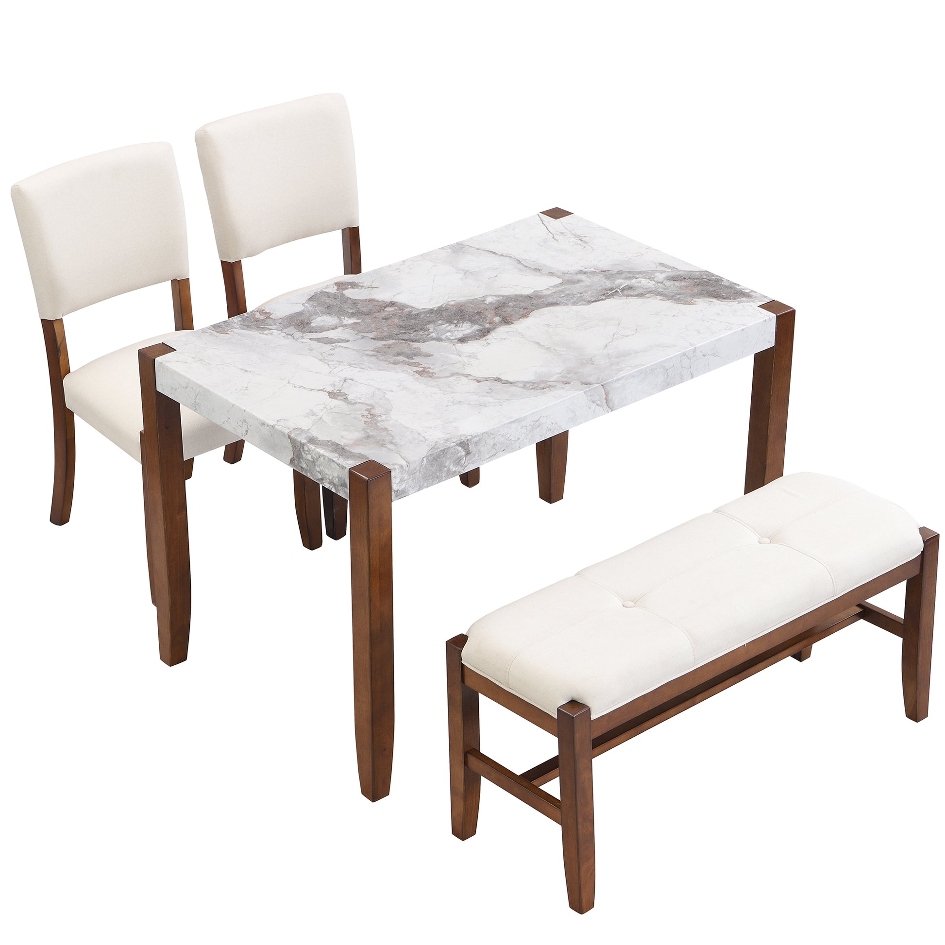 4 Piece Modern Dining Furniture Set, 4 Person Space Saving Dinette For Kitchen, 46" Faux Marble Style Table And 2 Upholstered Chairs & Bench With Wood Legs Off White Rubber Wood