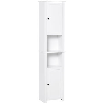 Homcom Tall Bathroom Storage Cabinet, Freestanding Linen Tower With 2 Tier Shelf And 2 Cabinets, Narrow Side Floor Organizer, White White Engineered Wood