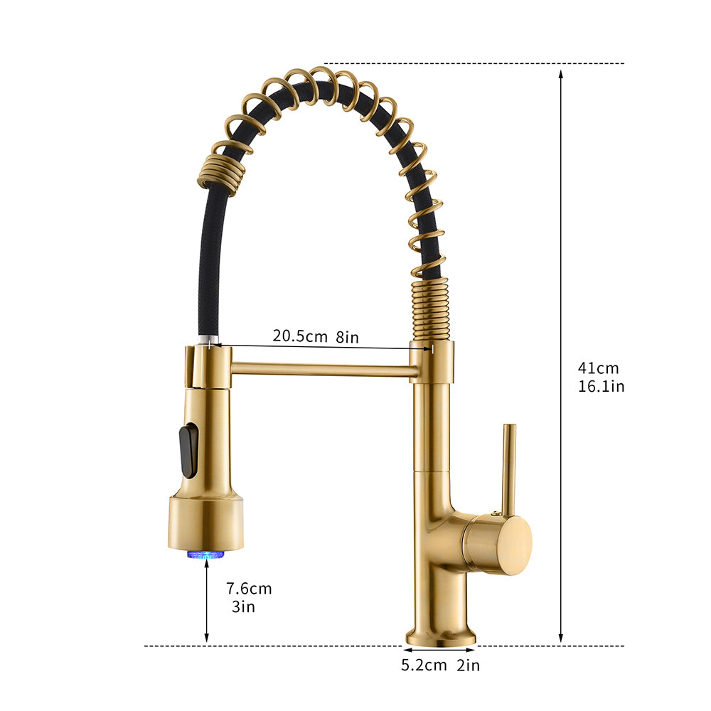 Commercial Led Kitchen Faucet With Pull Down Sprayer, Single Handle Single Lever Kitchen Sink Faucet Gold Kitchen Contemporary Ceramic Brass