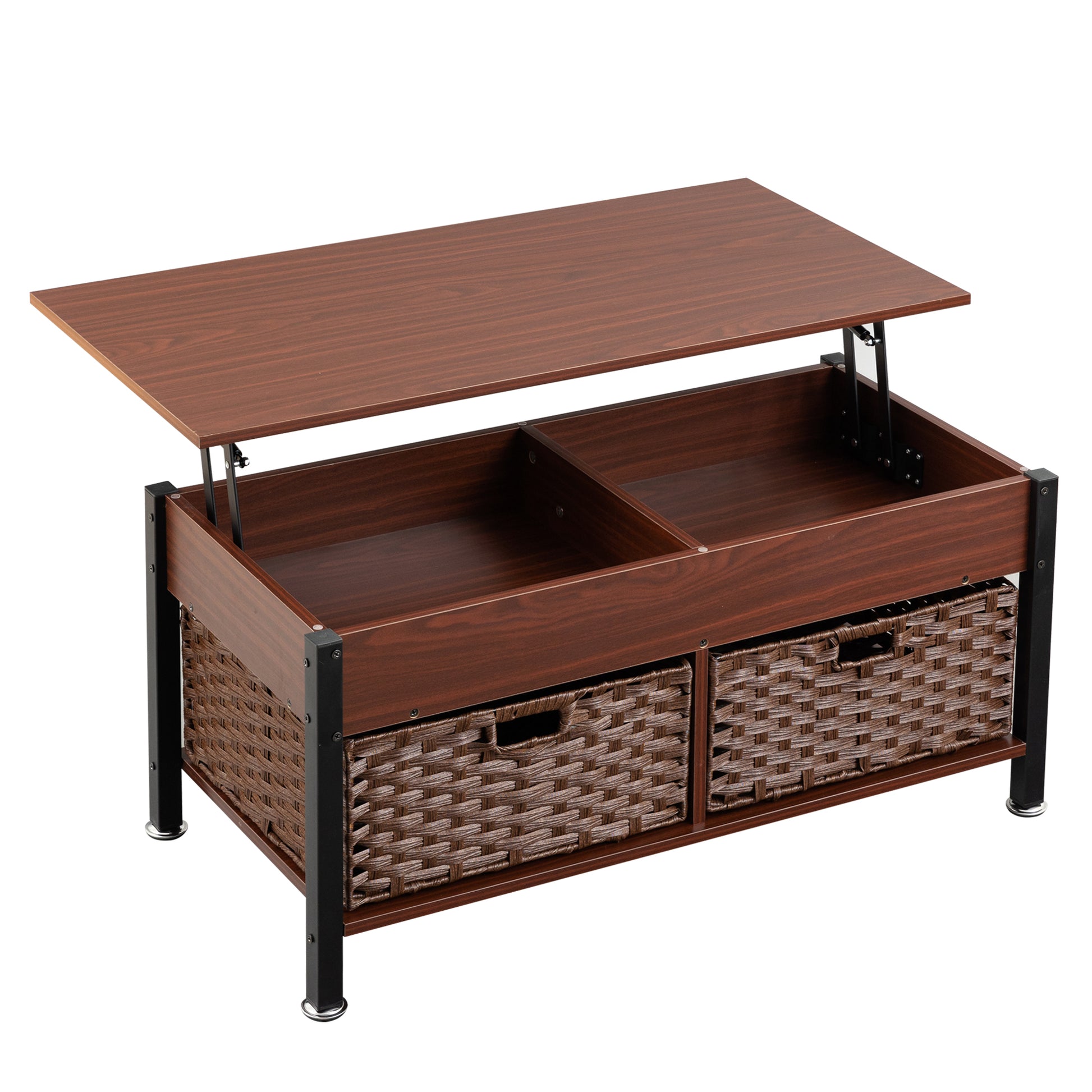 Metal Coffee Table,Desk,With A Lifting Table,And Hidden Storage Space.There Were Two Removable Wicker Baskets That Could Be Placed In Any Space Such As The Living Room,Color:Brownwith Solid Wood Grain Brown Height Adjustable & Standing Desks Primary