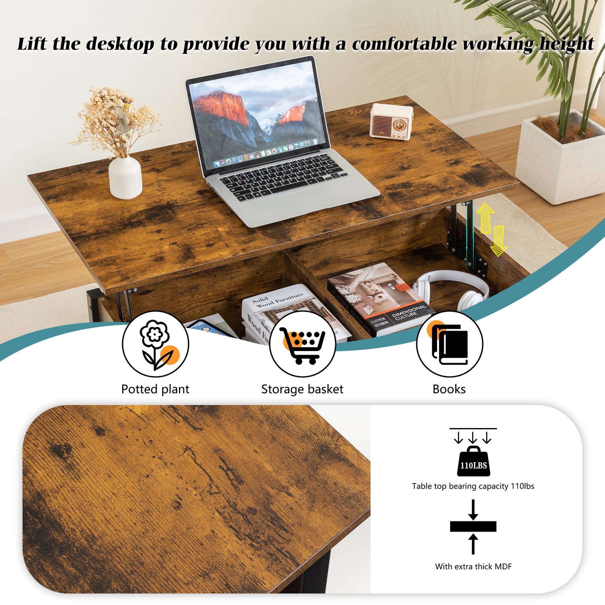 Metal Coffee Table,Desk,With A Lifting Table,And Hidden Storage Space.There Were Two Removable Wicker Baskets That Could Be Placed In Any Space Such As The Living Room,Color:Brown With Fire Wood Grain Light Brown Height Adjustable & Standing Desks