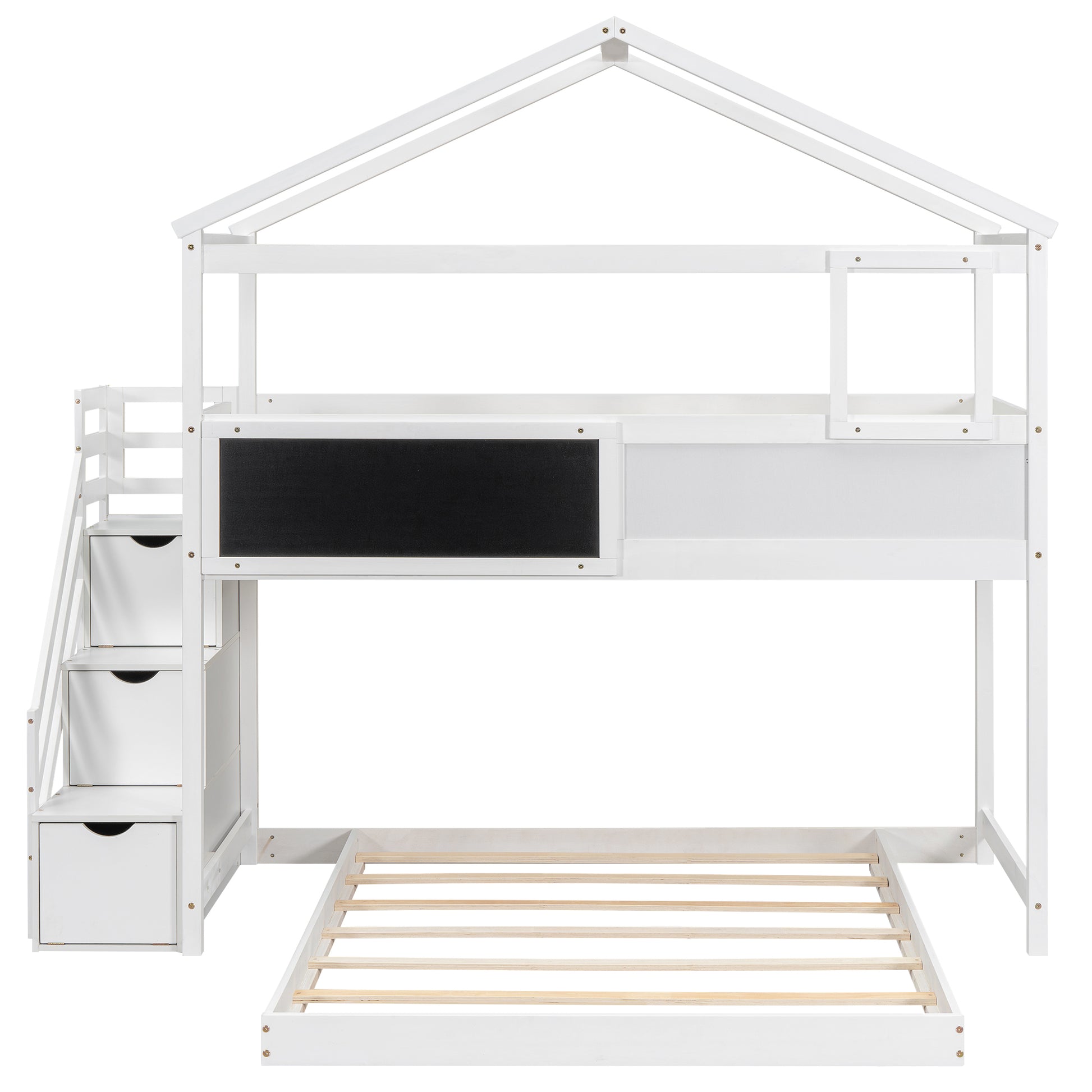 Twin Over Full House Bunk Bed With Storage Staircase And Blackboard,White Old Sku: Gx001701Aak Box Spring Not Required White Wood Bedroom Bunk Pine