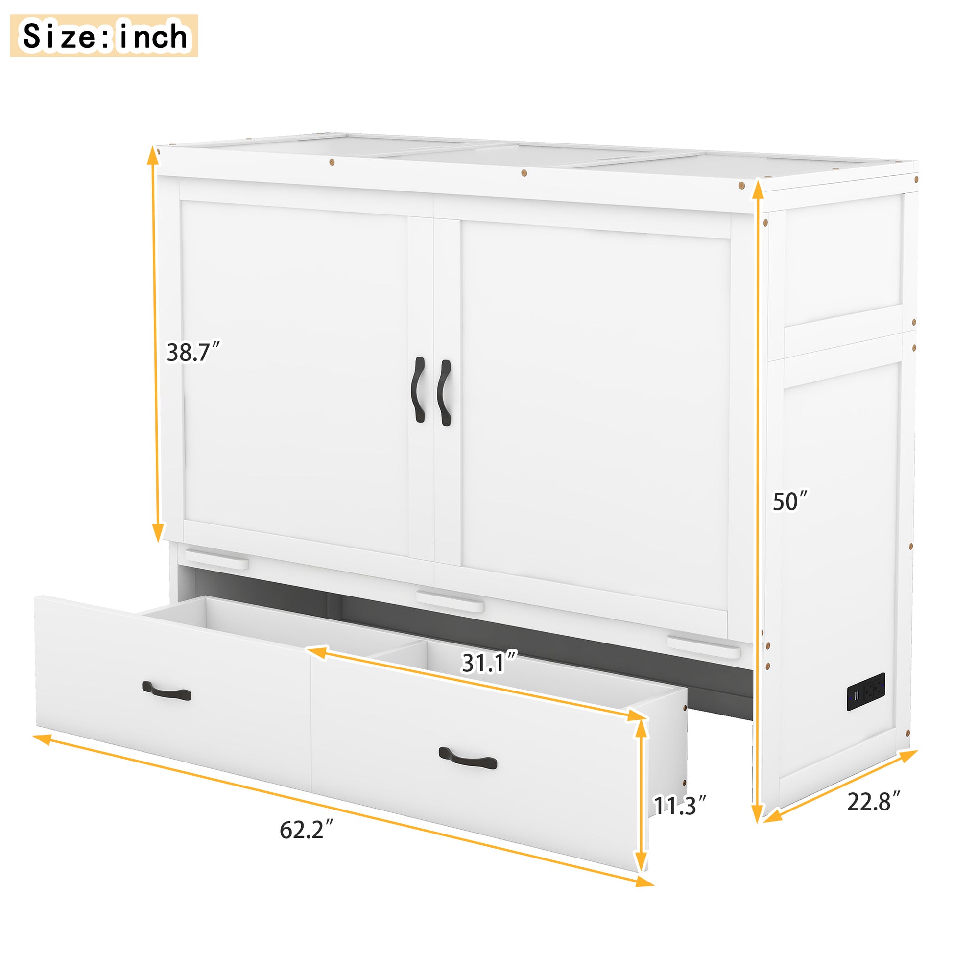 Queen Size Murphy Bed With Usb Port And A Large Drawer, White Queen White Solid Wood Mdf