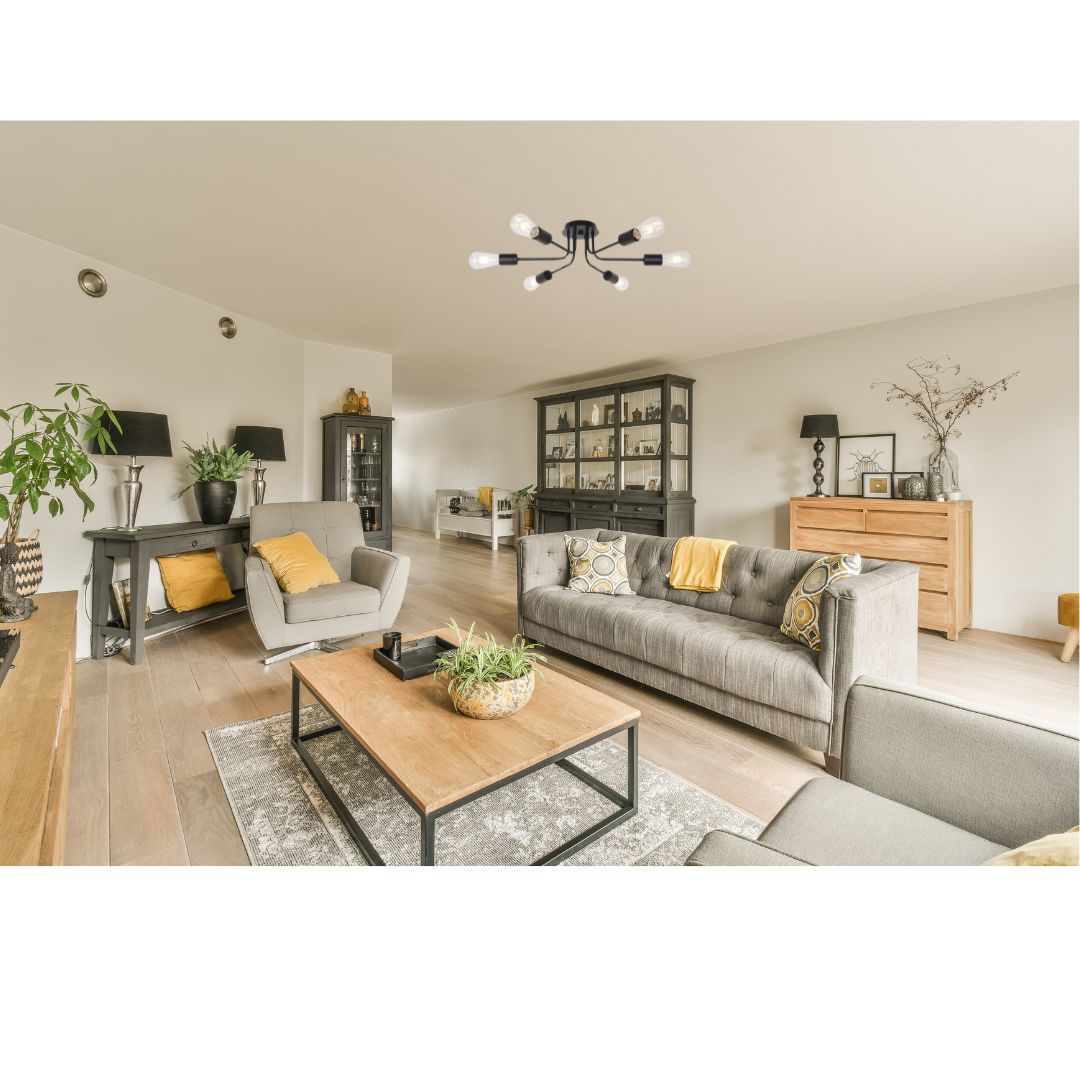 Modern Sputnik Chandelier 6 Light Semi Flush Mount Ceiling Lighting Cotemporary Industrial Brushed Nickel Ceiling Fixture Black Metal