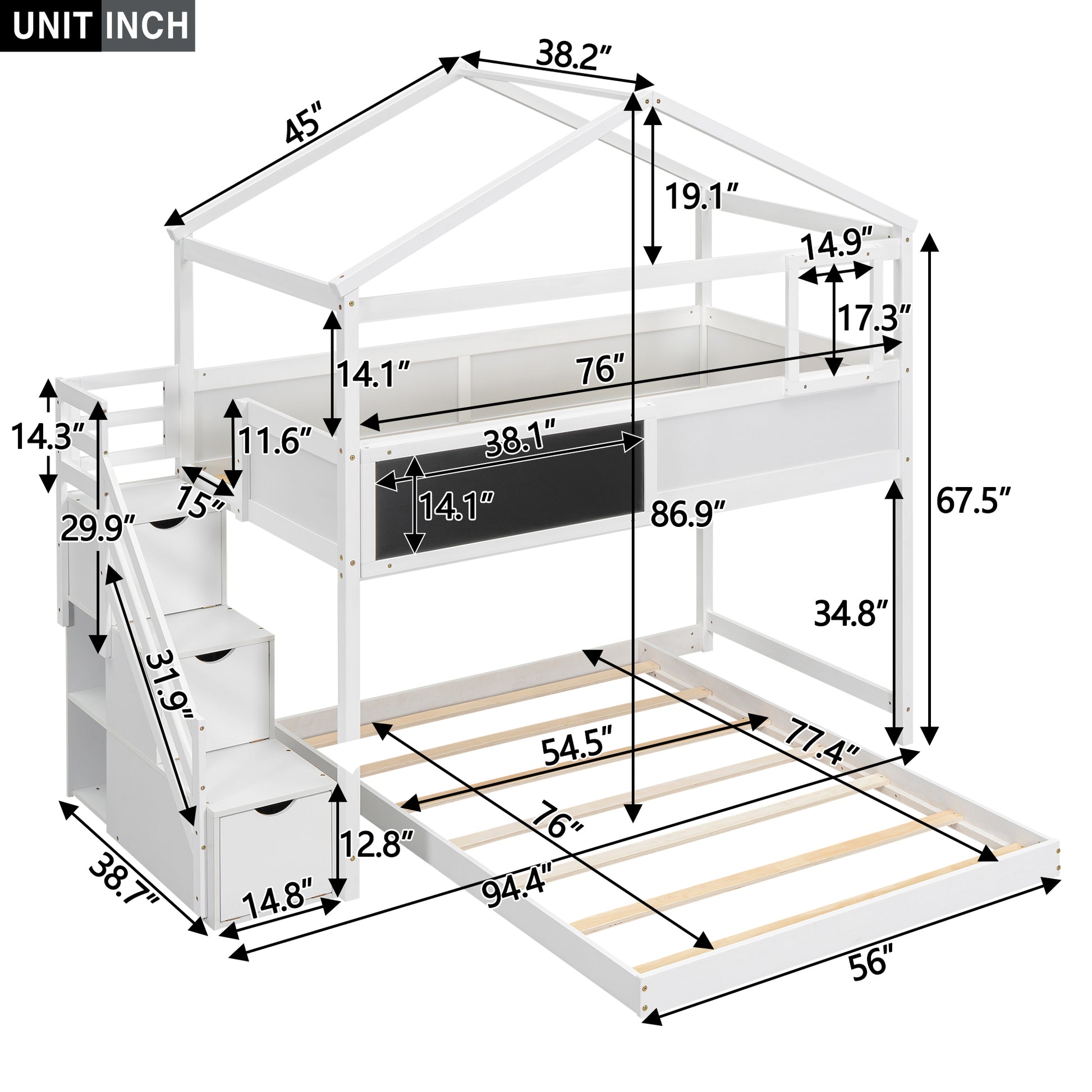 Twin Over Full House Bunk Bed With Storage Staircase And Blackboard,White Old Sku: Gx001701Aak Box Spring Not Required White Wood Bedroom Bunk Pine