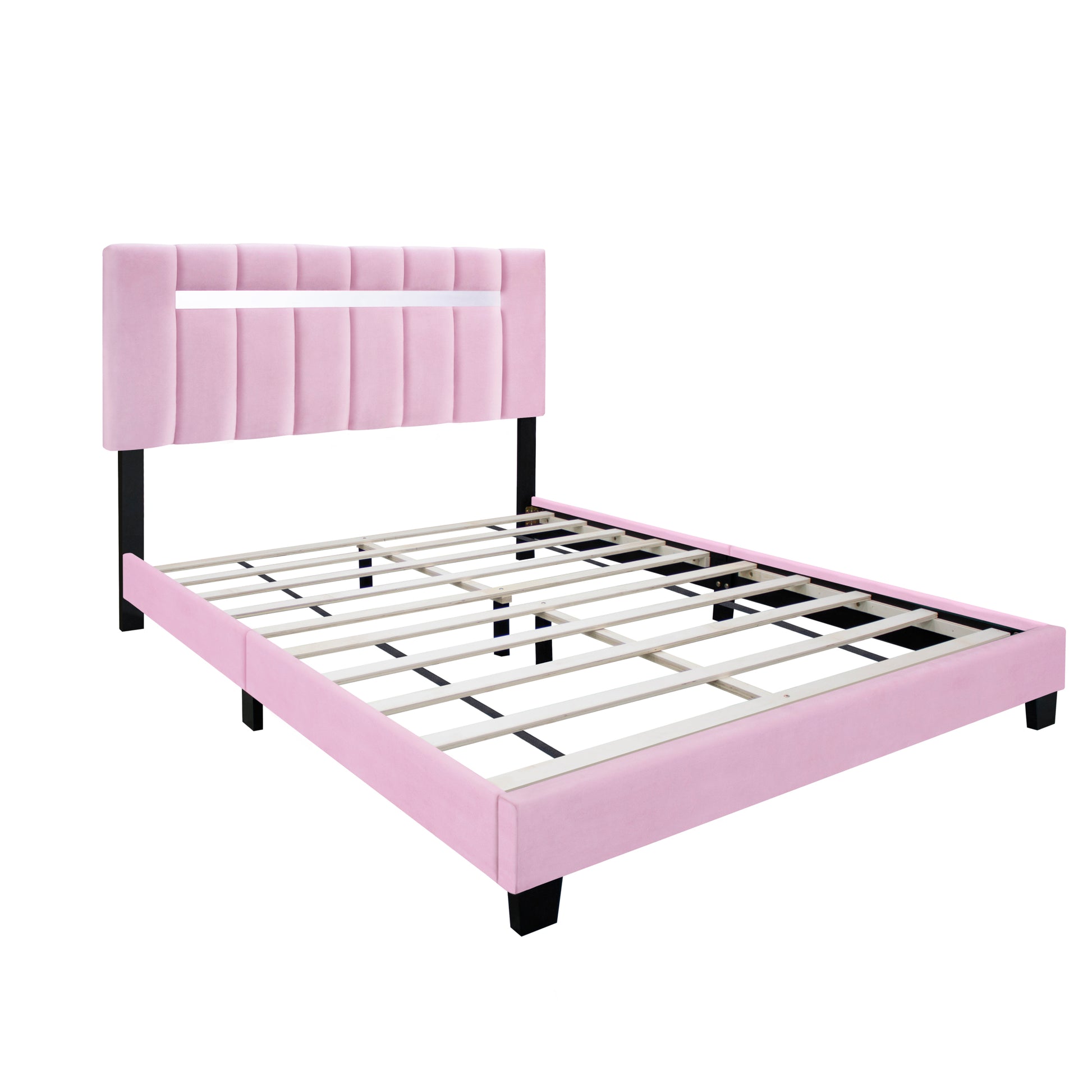 Pink Velvet Upholstered Bed Frame With Adjustable Features, Teenage Girl'S Favorite Pink Collection. Box Spring Not Required Queen Pink Wood Espresso Bedroom Minimalist,Shabby Chic,Ultra Modern Rubberwood Adjustable Bedbase Fiber Foam And Polyester Fiber