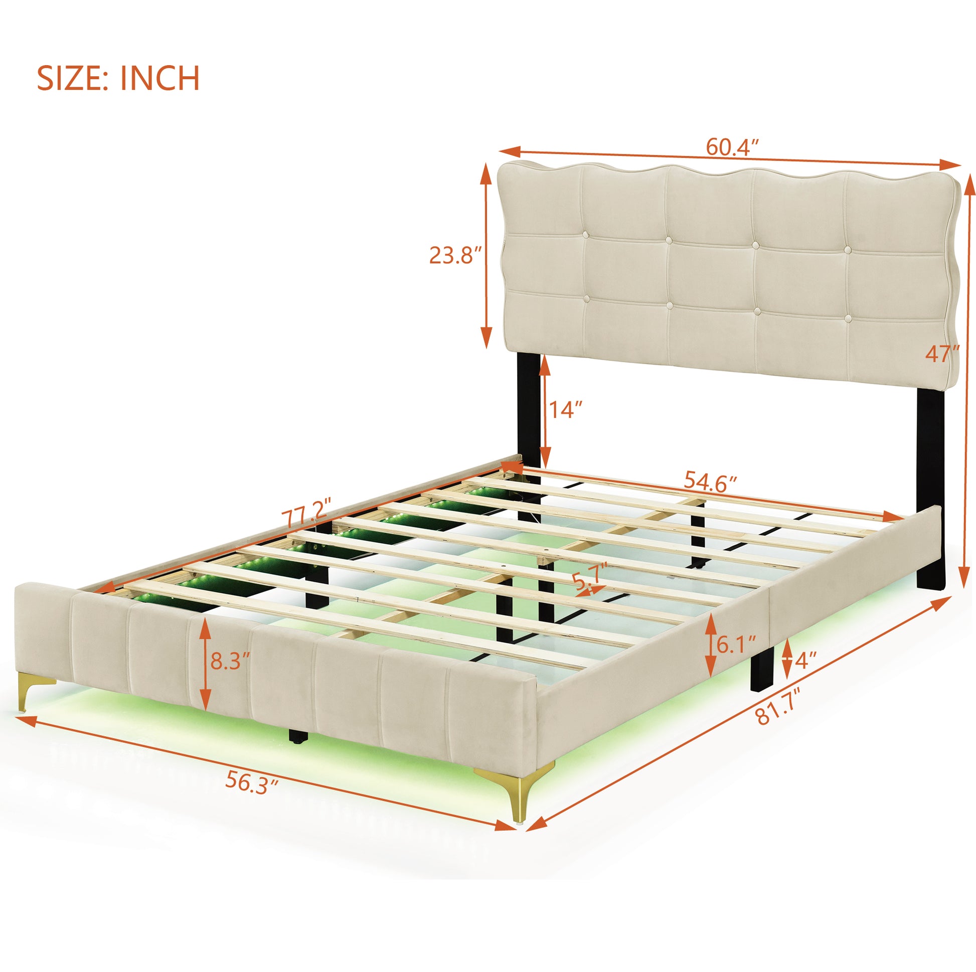 Full Size Velvet Platform Bed With Led Frame And Stylish Mental Bed Legs, Beige Beige Velvet