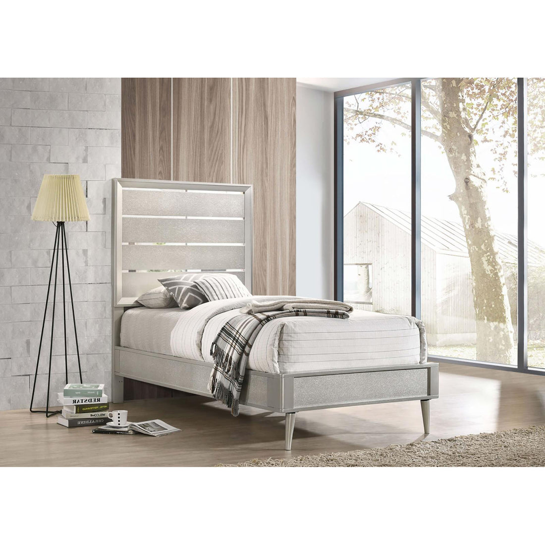 Metallic Sterling Panel Bed with Tapered Legs